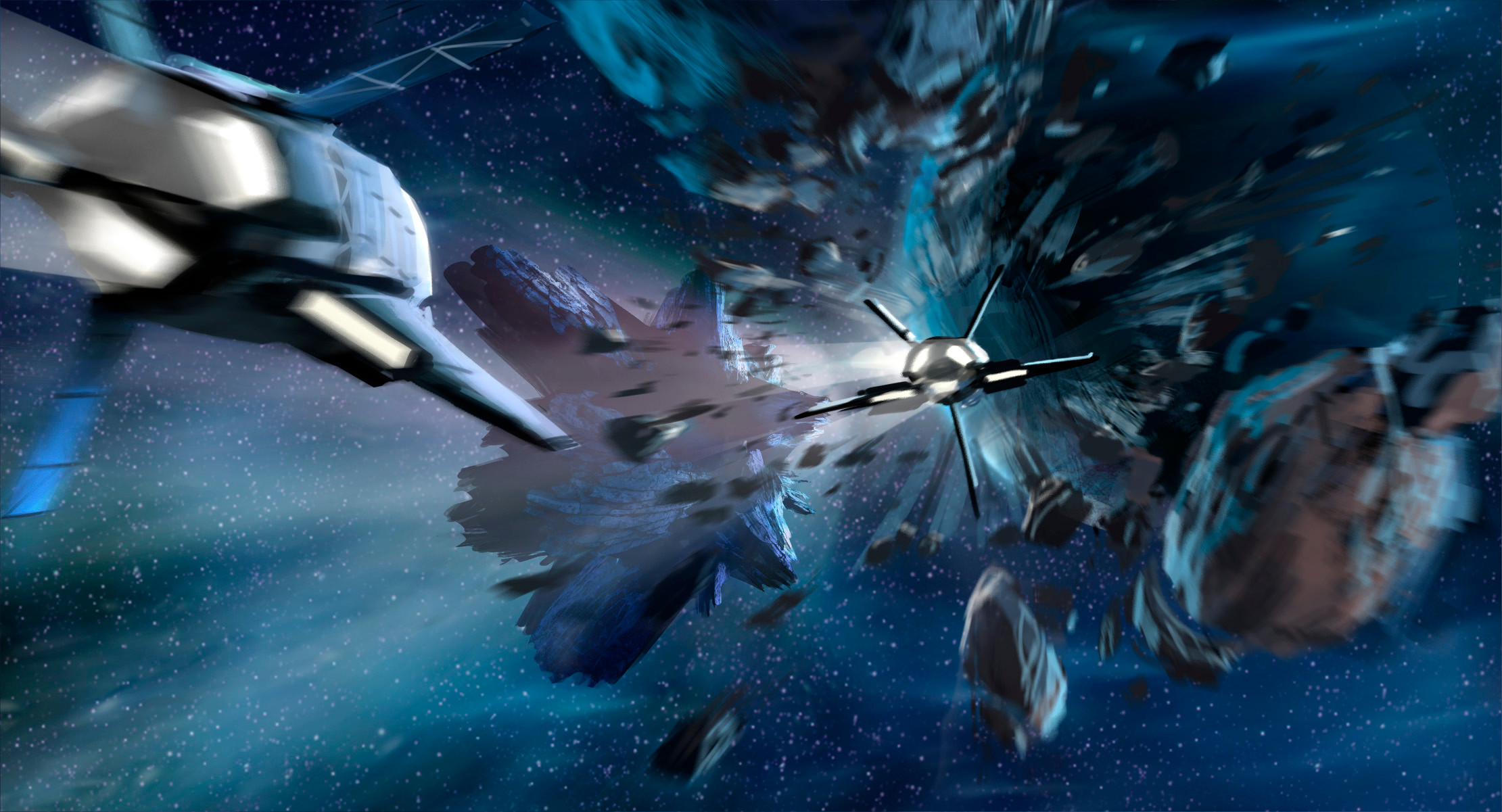 One of the Shenzhou ships is headed right for a collision with a chunk of ejected rock, but a comet knocks the debris like a billiard ball right at the point of collision and the ship passes between them unharmed. 