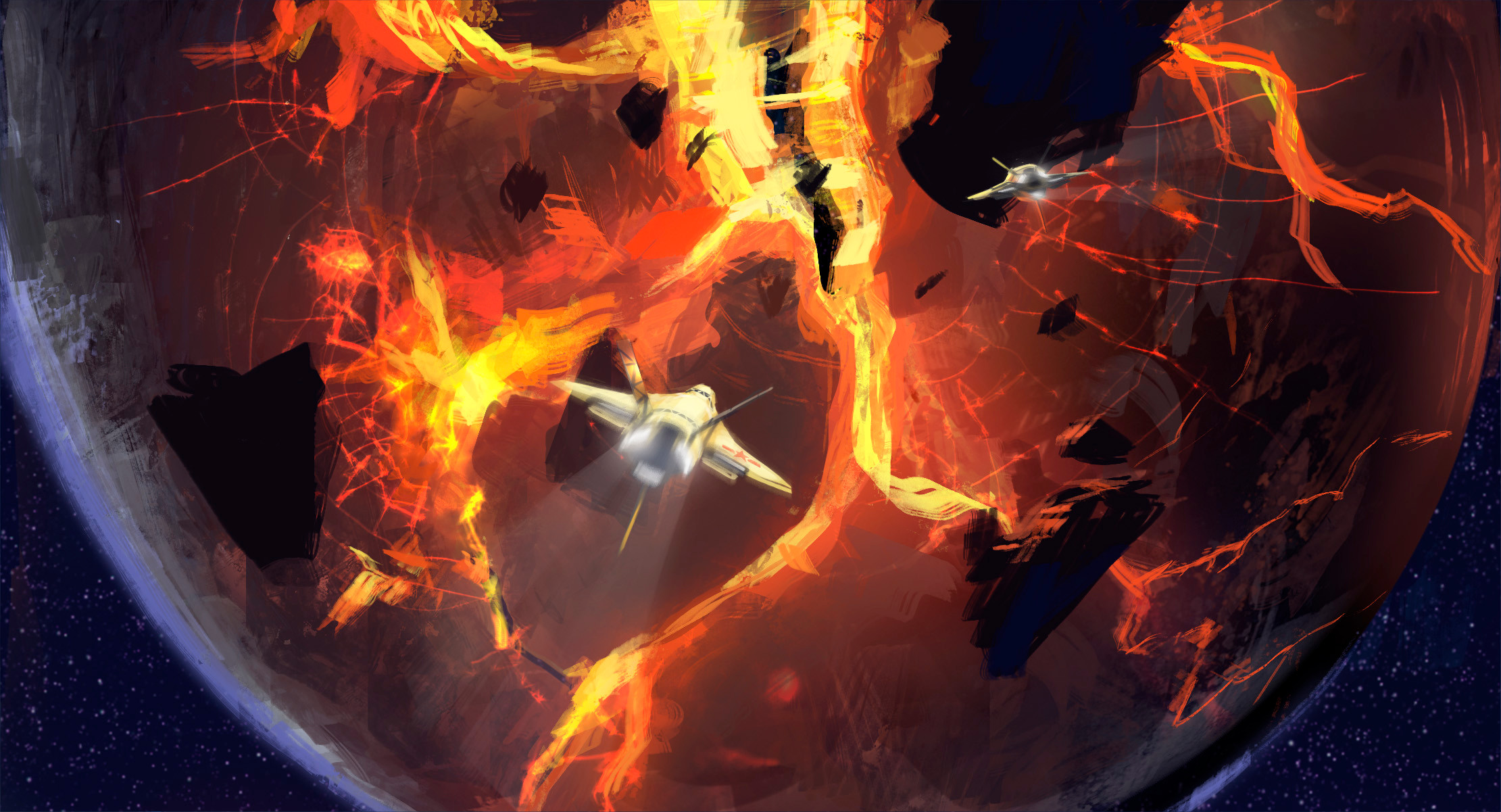 No time to argue as before us the impossible happens – the core of the comet collides with the planet, cleaving it in a world-shattering explosion. 