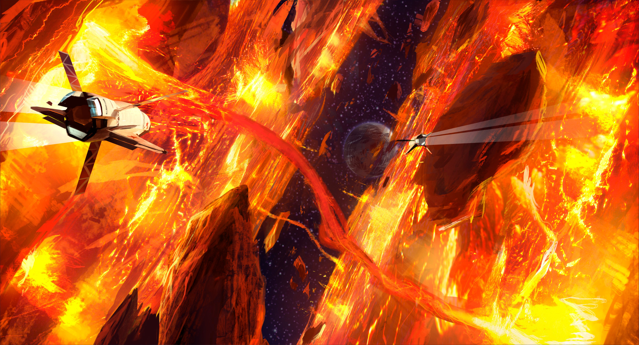 As the planet splits asunder, we fly between the monoliths of shattered molten core as titanic forces are unleashed—