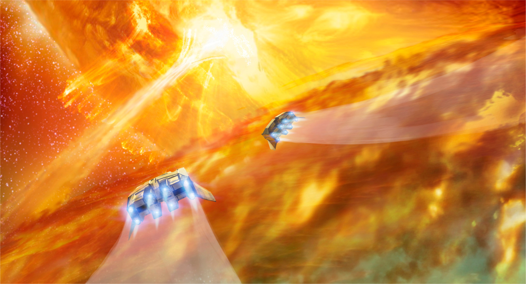 6)	Our ships skip over the ring of burning gas. With the red giant now risen out of view, the bridge between stars looms ahead like a waterfall of liquid fire. 