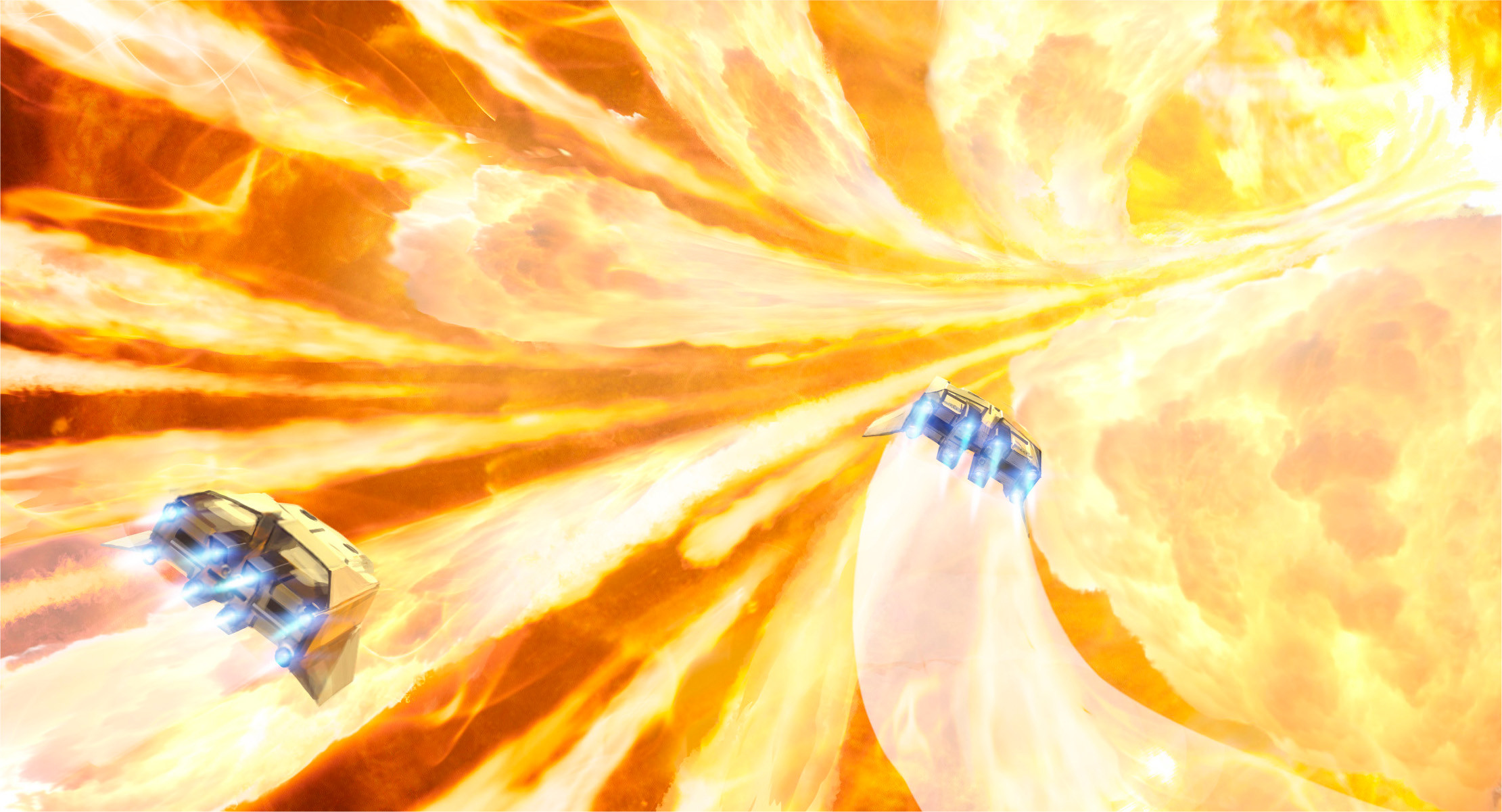 We fly up the bridge against the stream toward the angry giant beyond, dodging the bombardment of molten plasma. 