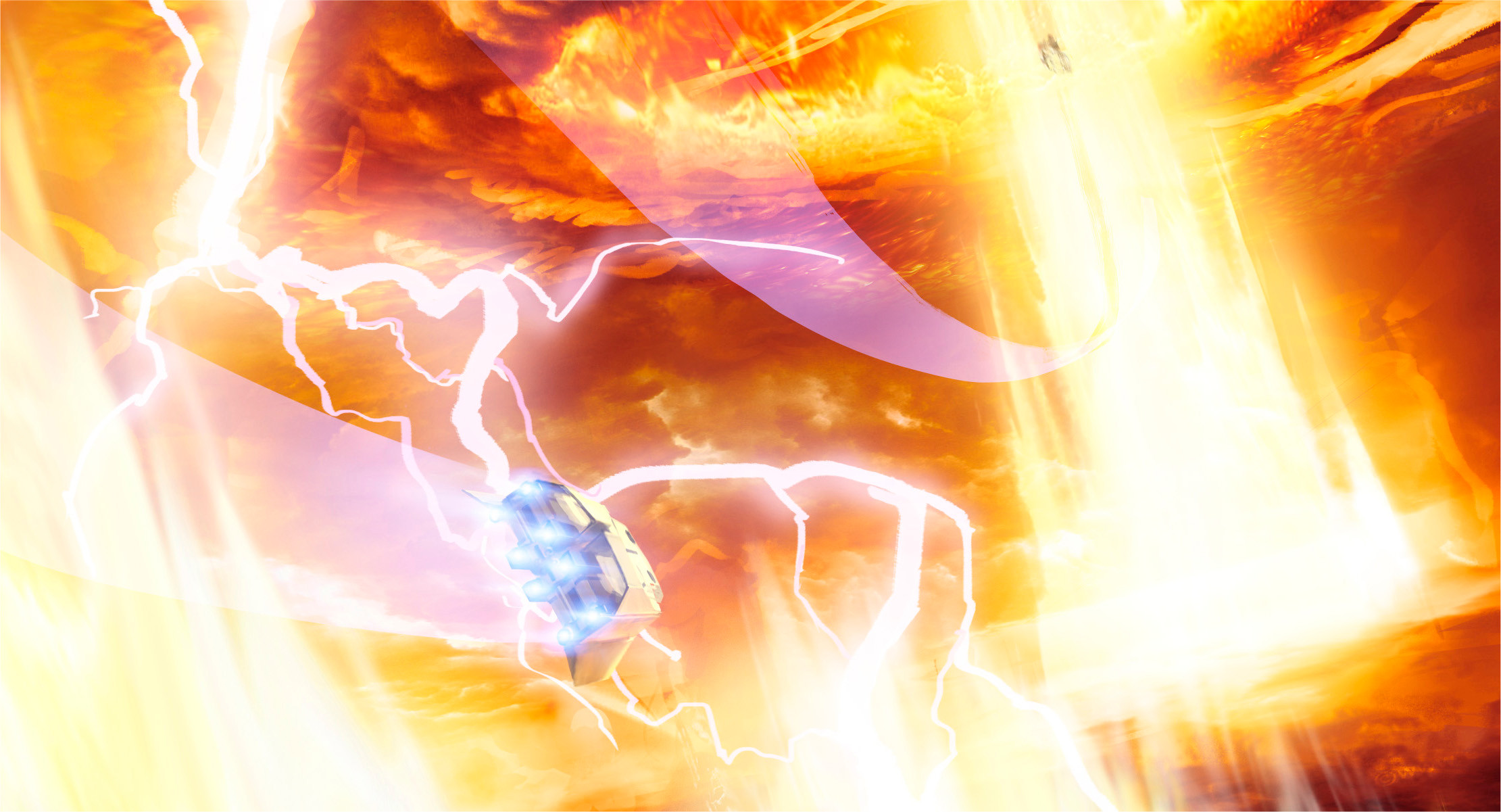 But too late! Another plume erupts ahead, taking our sister ships with it, as a surge of arc lightning strikes in front of us—