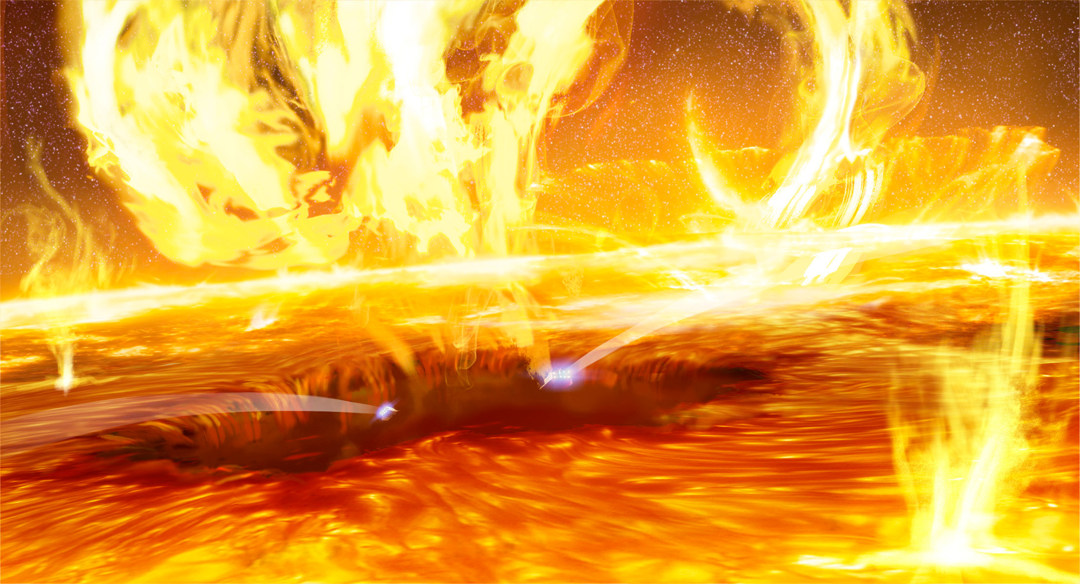 Our ships fall into the gaping hole in the burning surface of the sun. 