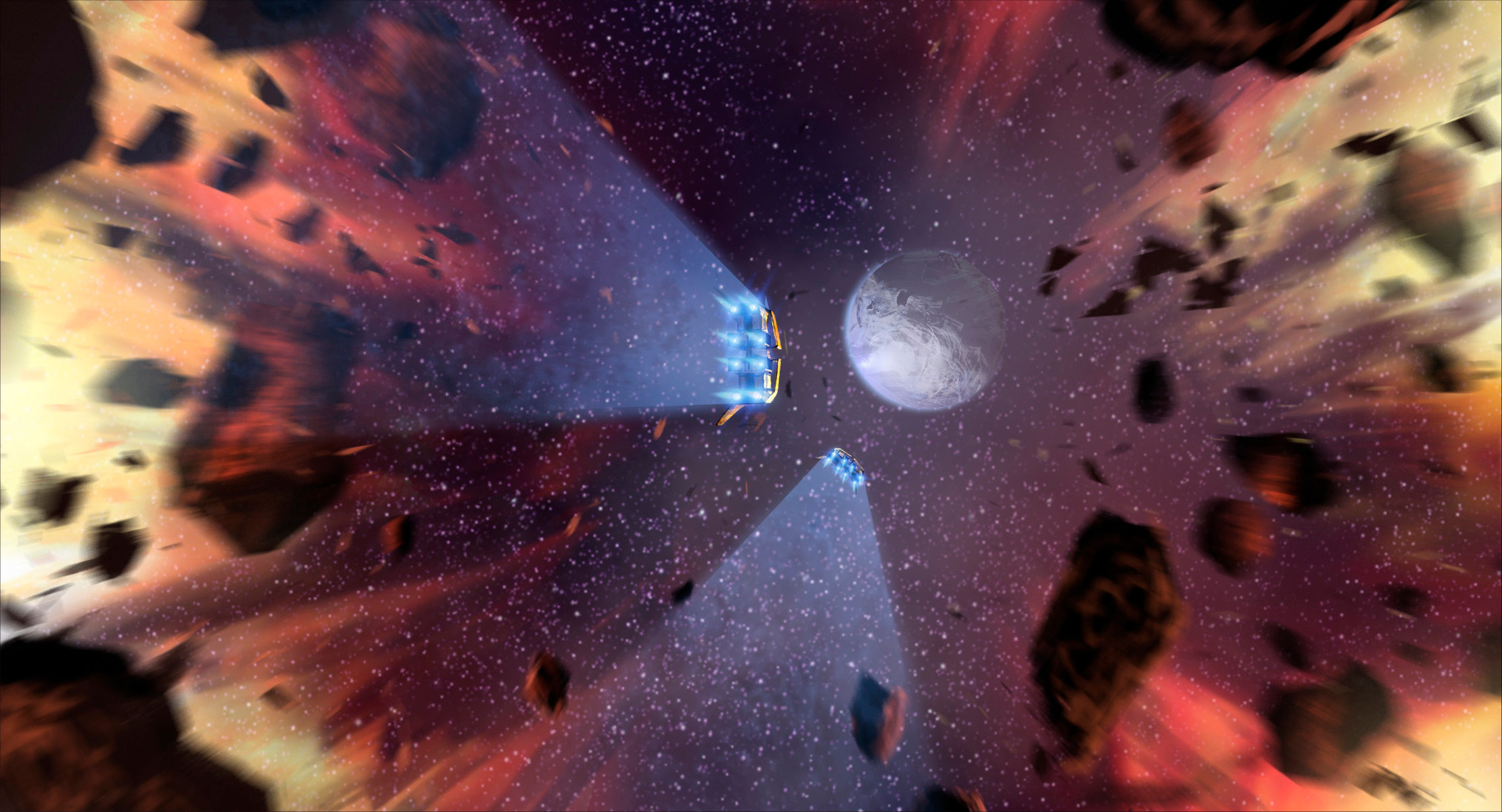 The ships punch through the explosion into a clear field of stars toward—