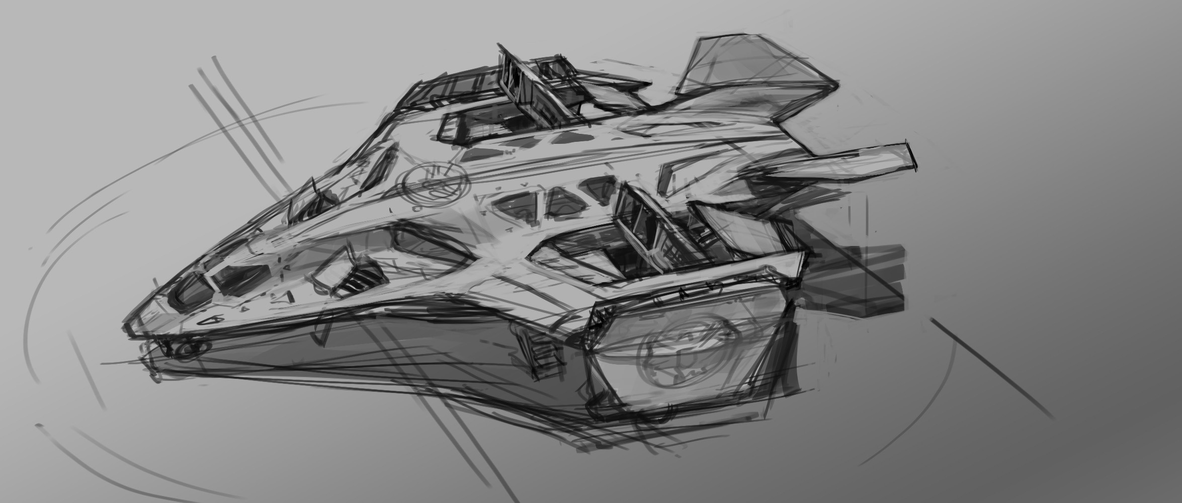 Another early sketch for the Quinjet. The skylight windows were for a scene where Thor lands on the roof in flight. 