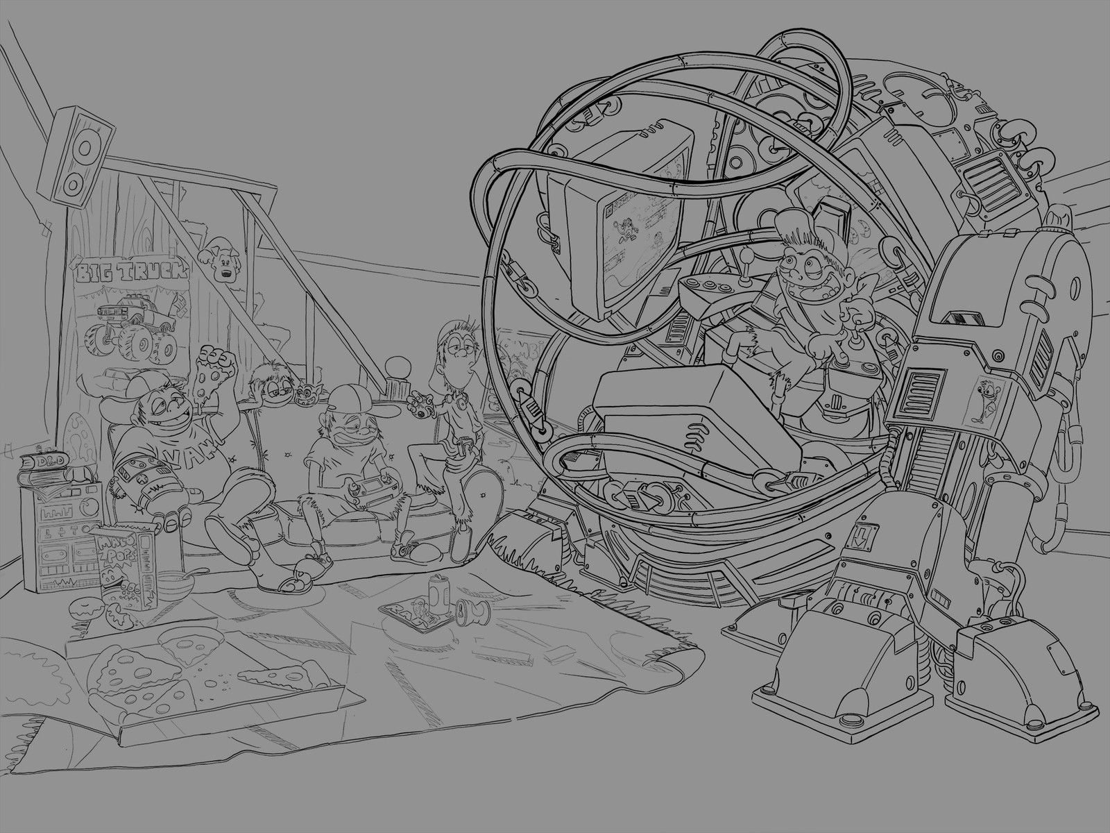 Original line artwork. Rough geometry for the room and a sphere for the machine served as a guide.