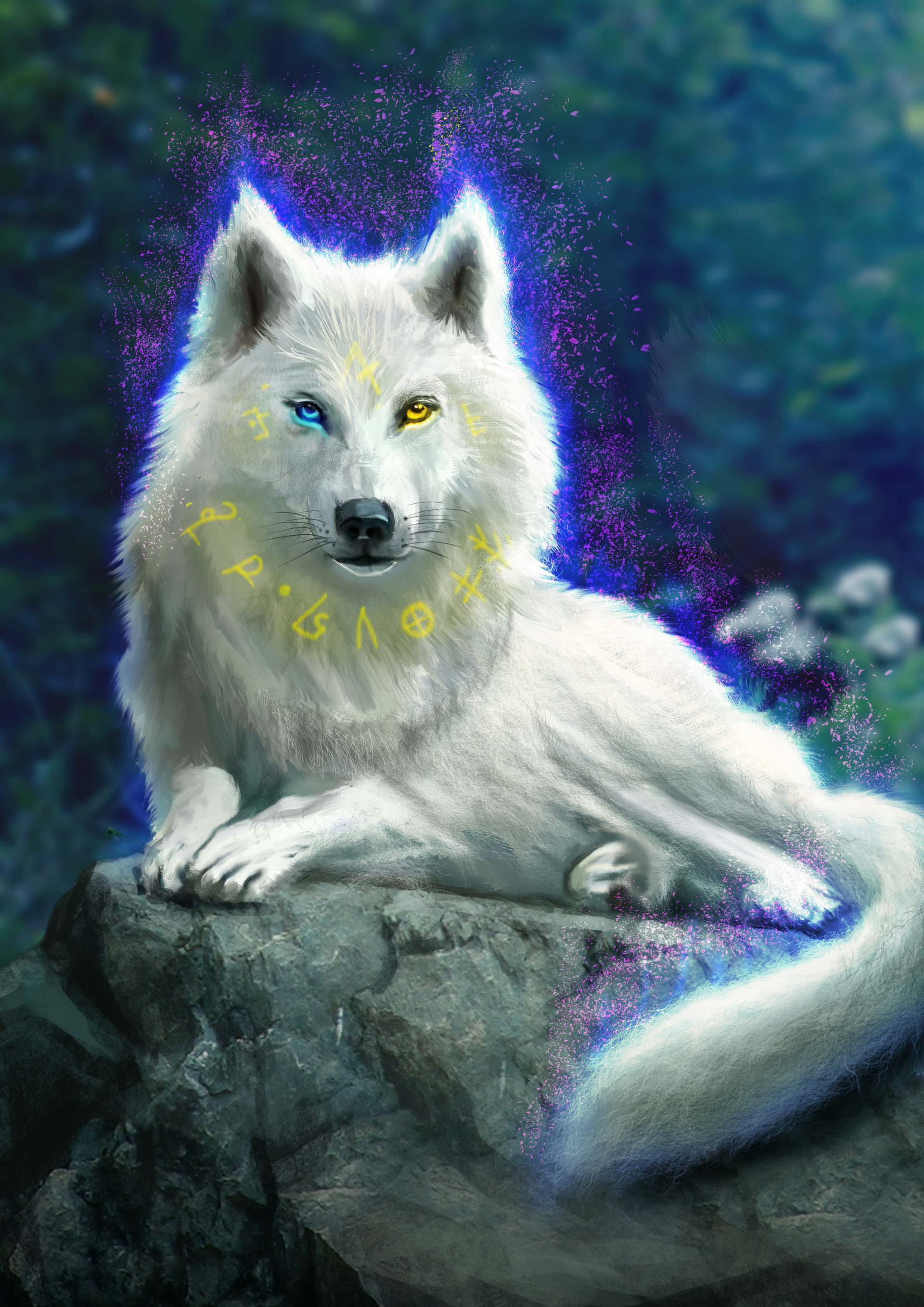 Beautiful Majestic Fluffy White Wolf with Mystical Background and Flowers  at Night · Creative Fabrica