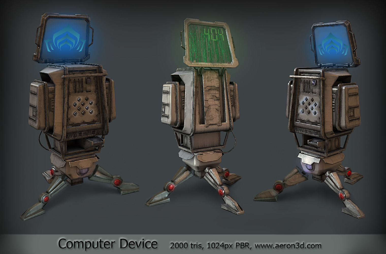 Computer Device
I was provided with the B\W front-view concept and needed to design the rear side for it. I also designed the folded stance for transportation of the asset. 
Lightmap UVs as the second UV set. Required and spent time -3 days.