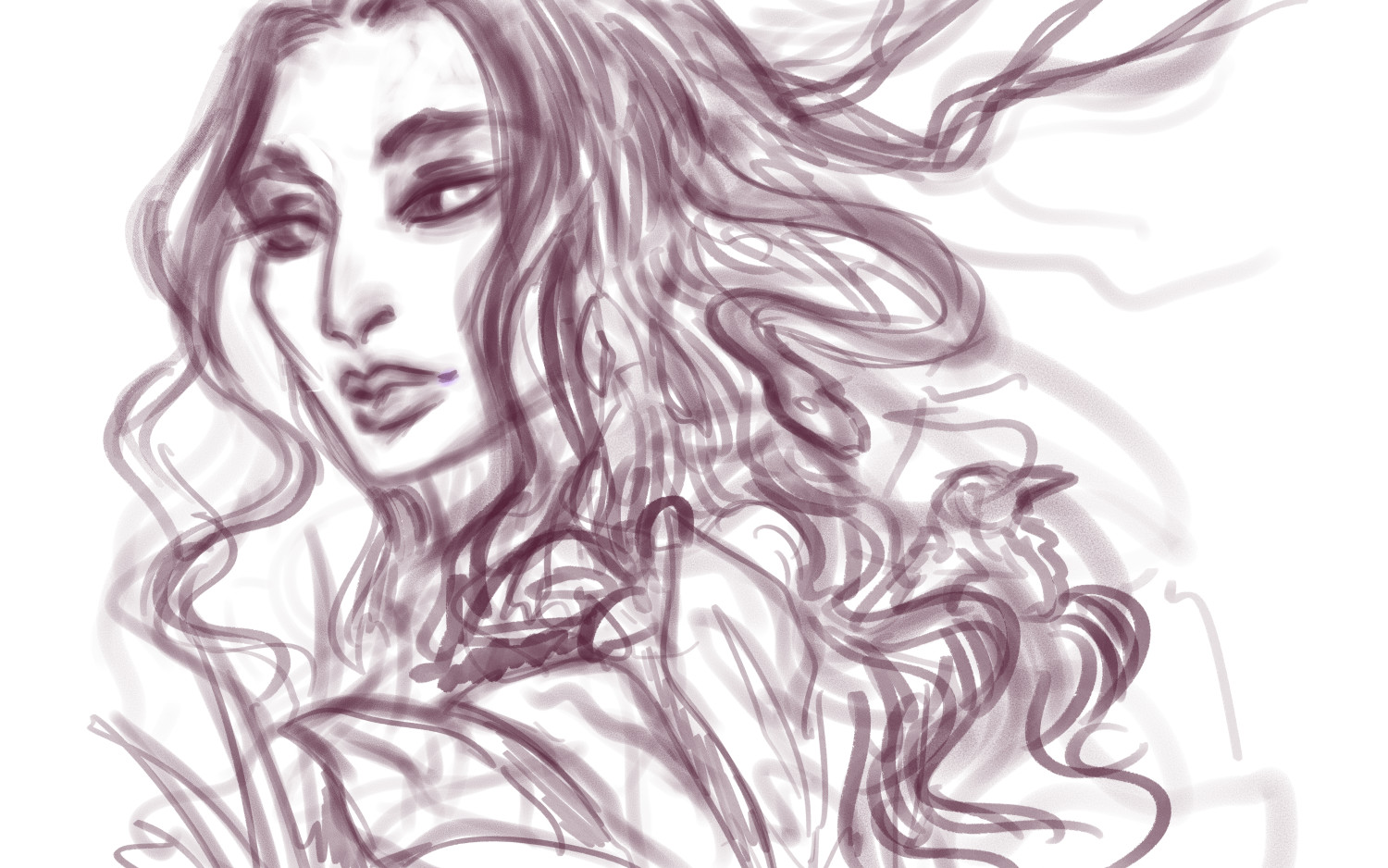 Original rough sketch. The hair details had more life and character, so I may revisit this piece in the future to add something to her wild character