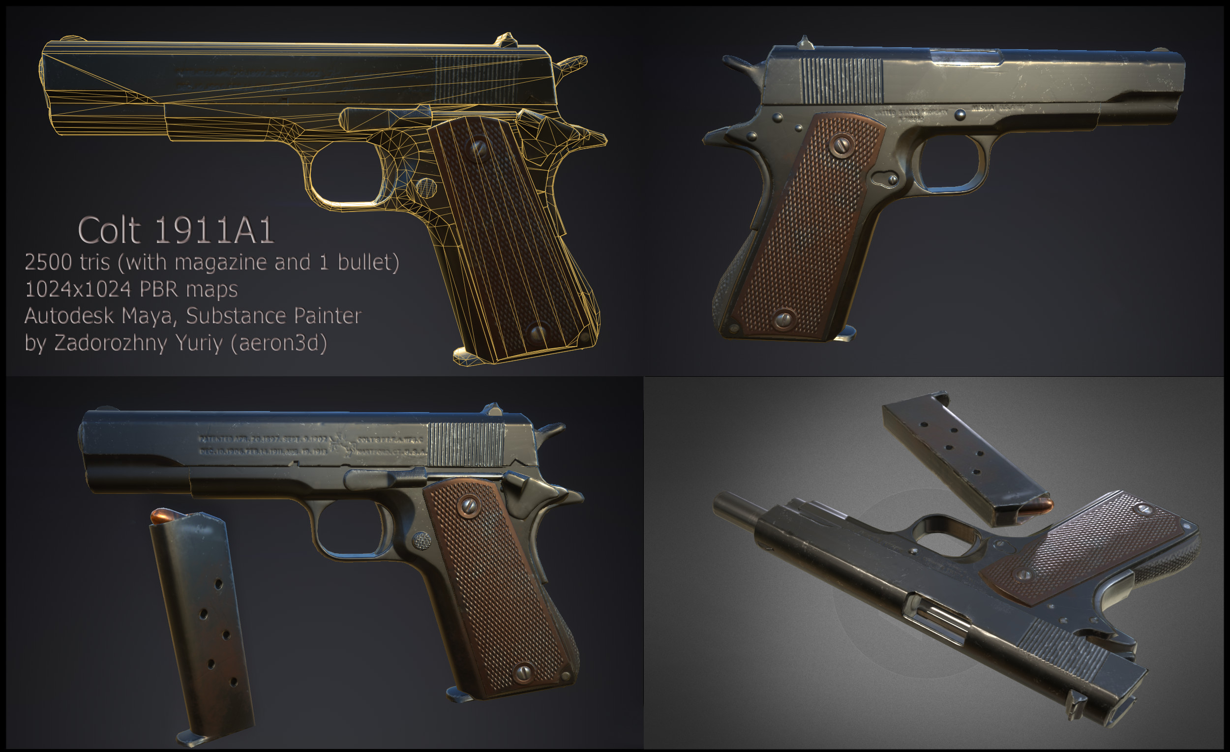 Colt 1911A1
Used references from the Internet. I improved the test adding reload stance of the gun showing magazine with one bullet and all needed inside parts that should be visible. 
Spent 2 days of 3 required. My second experience in Subtance Painter