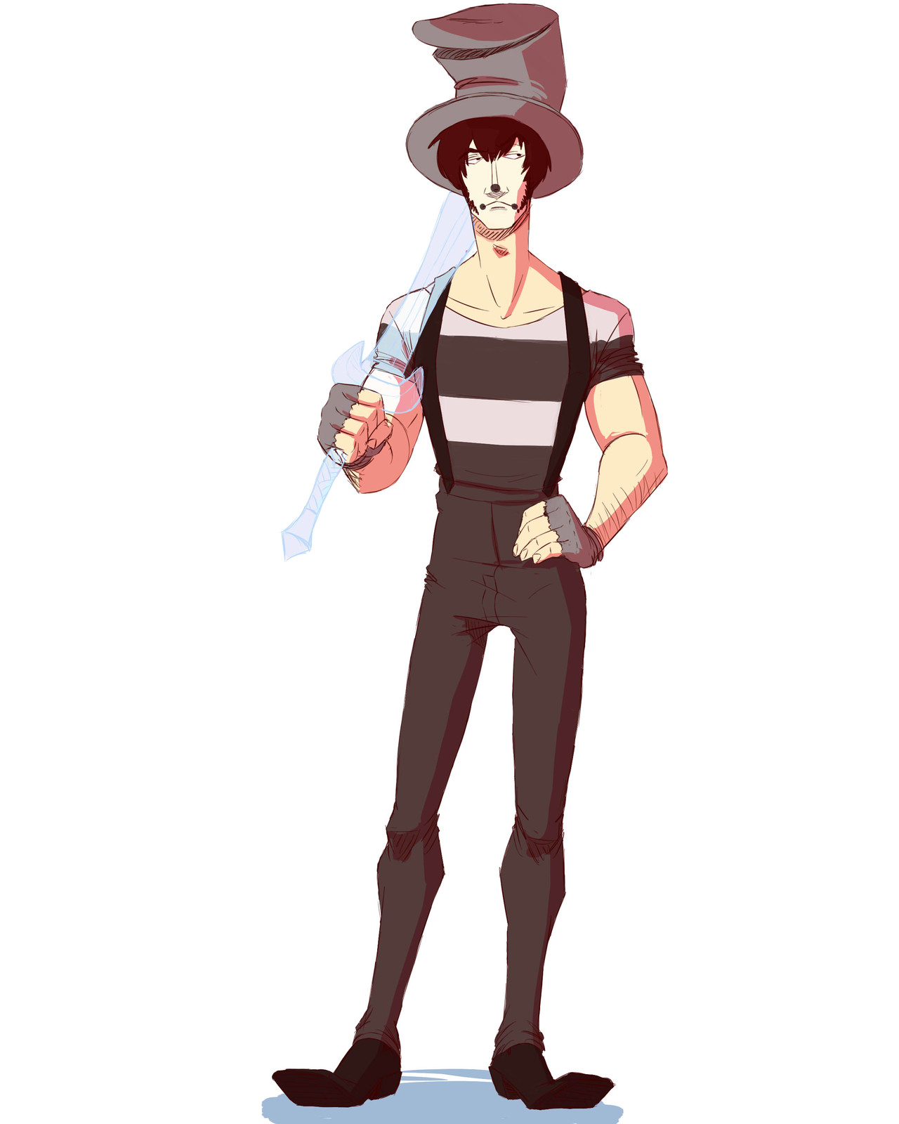 His final concept. There actually isn't a lot on paper before I came to this. It was mostly just word of mouth/thoughts but a simple design that made it clear he was a Mime had always been what I wanted to go for. 