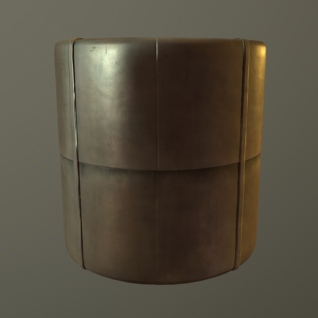 Same material on a rounded cylinder. Rendered with displacement in Marmoset.