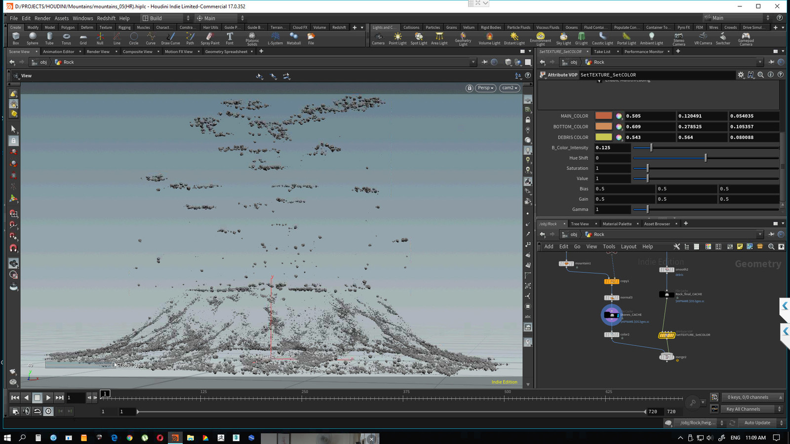 stones are scattered based on few masks (Debris; a mask that I made from normals; height attribute). Also added a tiny expression to make big stones larger at the bottom part.