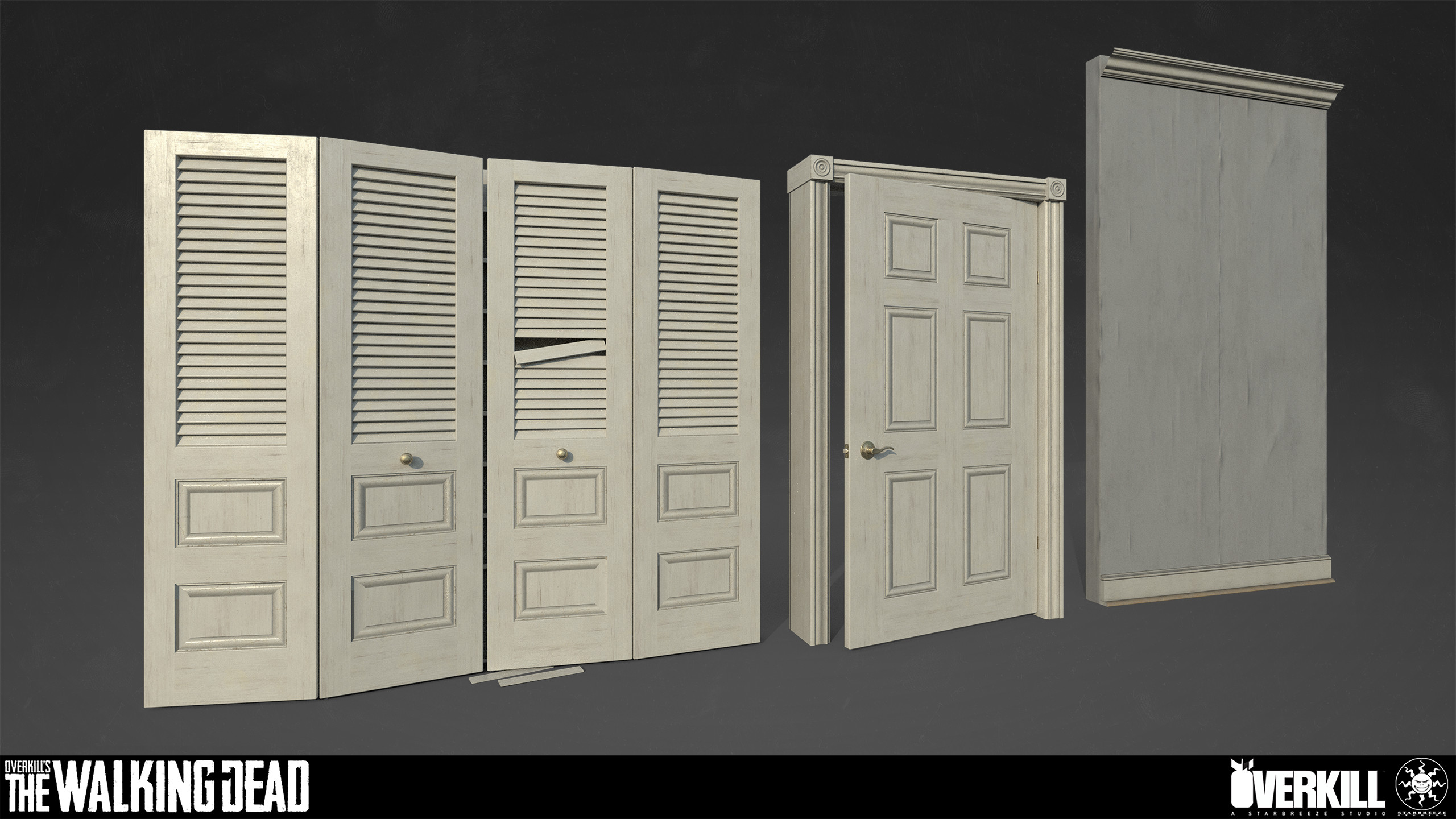 Some of the trims/doorframes/doors from a set that is used throughout the residential interiors