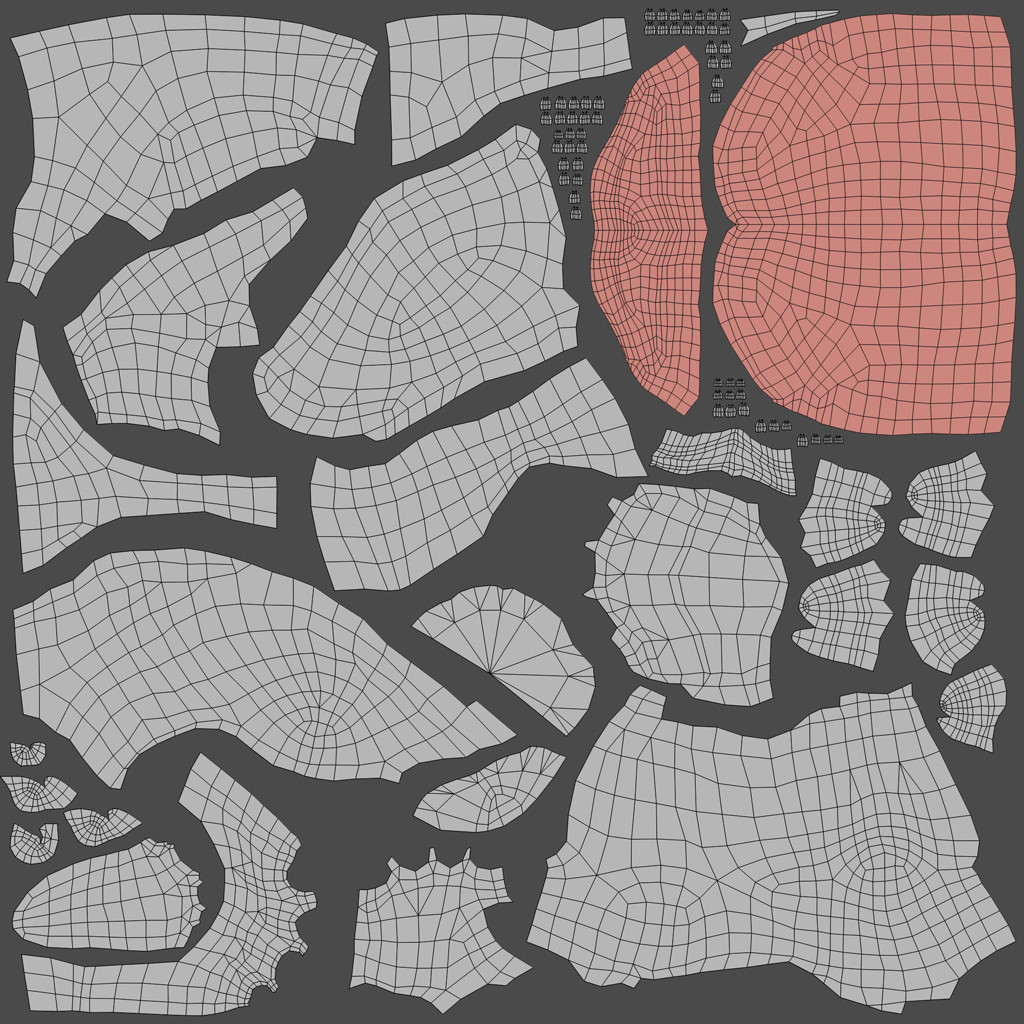 UV Layout - gray islands are stacked, red are unique