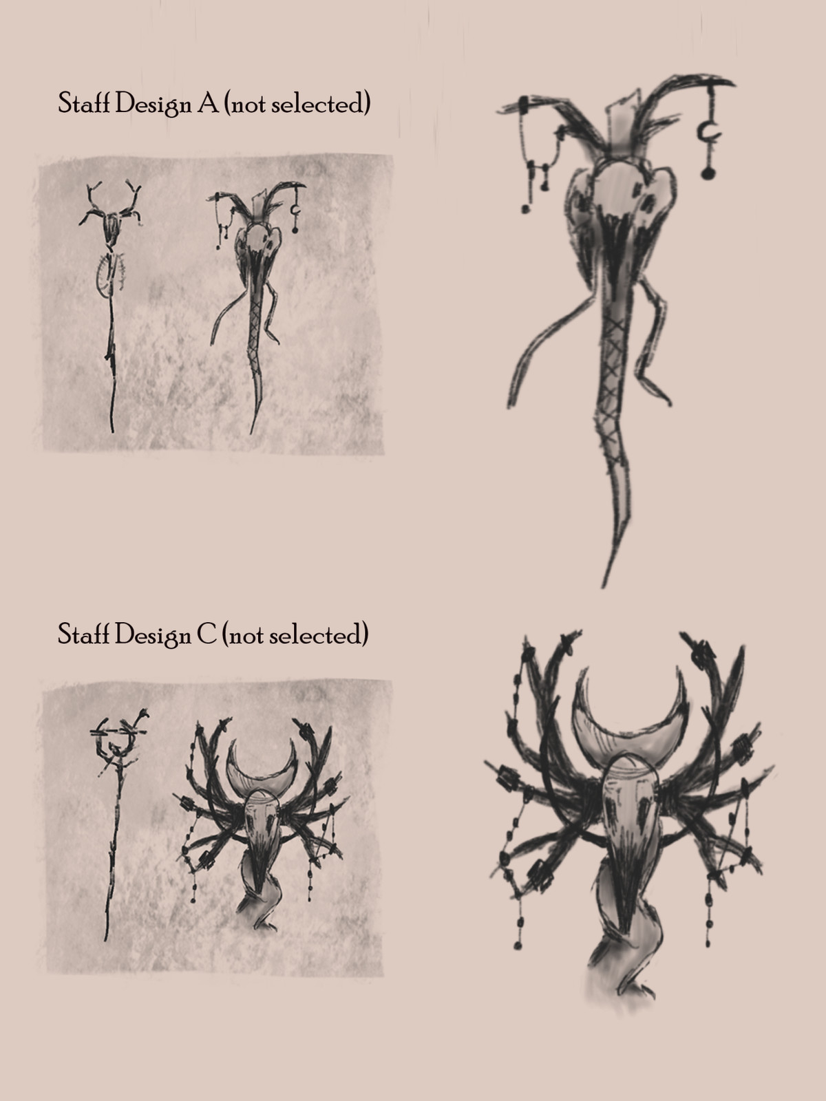 Two (A and C) of the three staffs I choose to redesign.