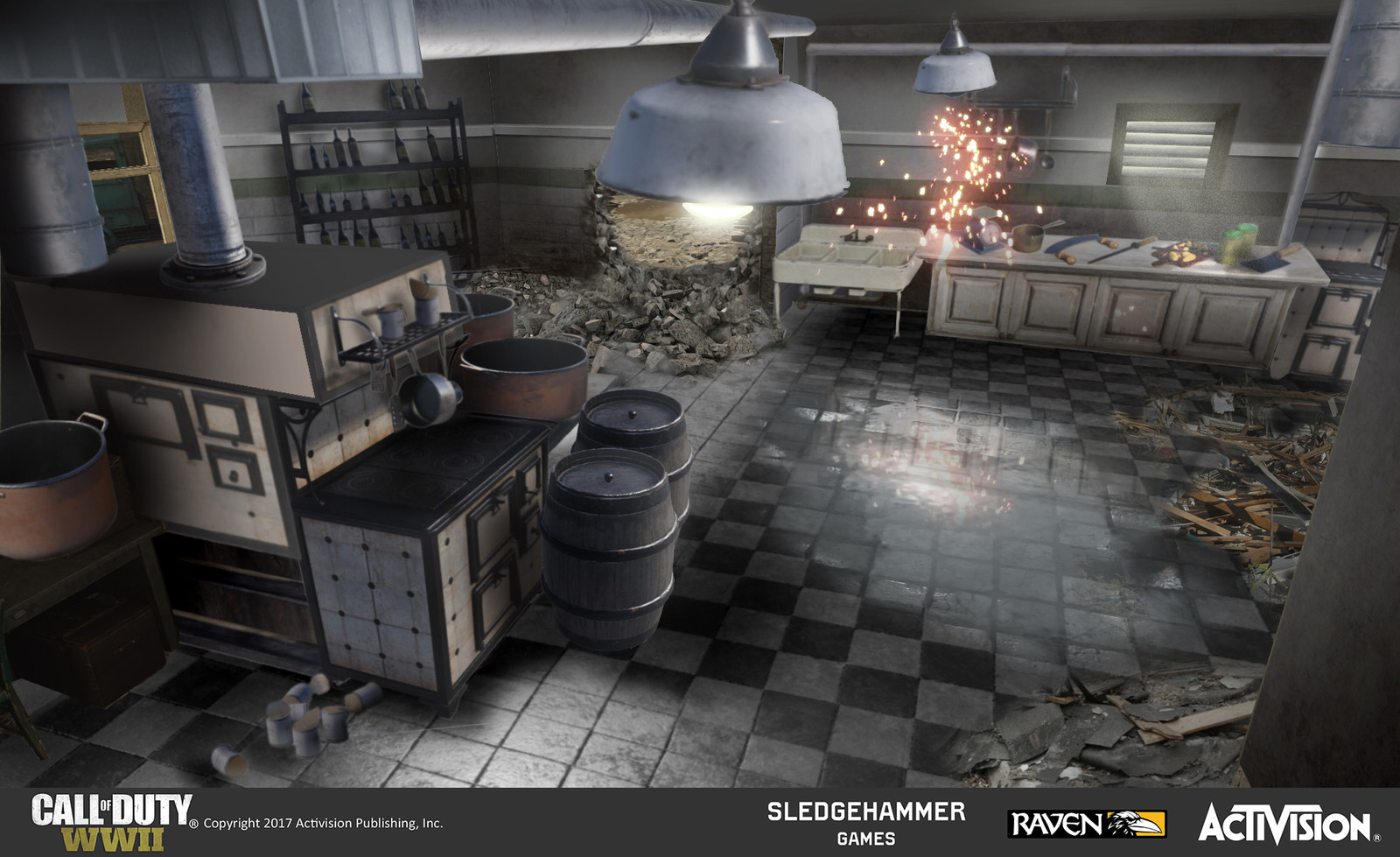 Concept image of a destroyed restaurant kitchen which encloses one of the Objective 2 hostage rescue areas. I created this image by painting over a base image using a combination of photobashing, digital painting, and images of in-game content.