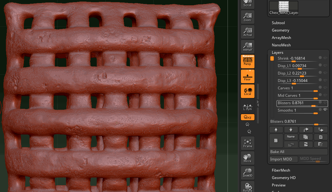 So i imported all the meshed particles into zbrush and blended them on it using Dynamesh. Then i made layers of noises to break the surface like this...