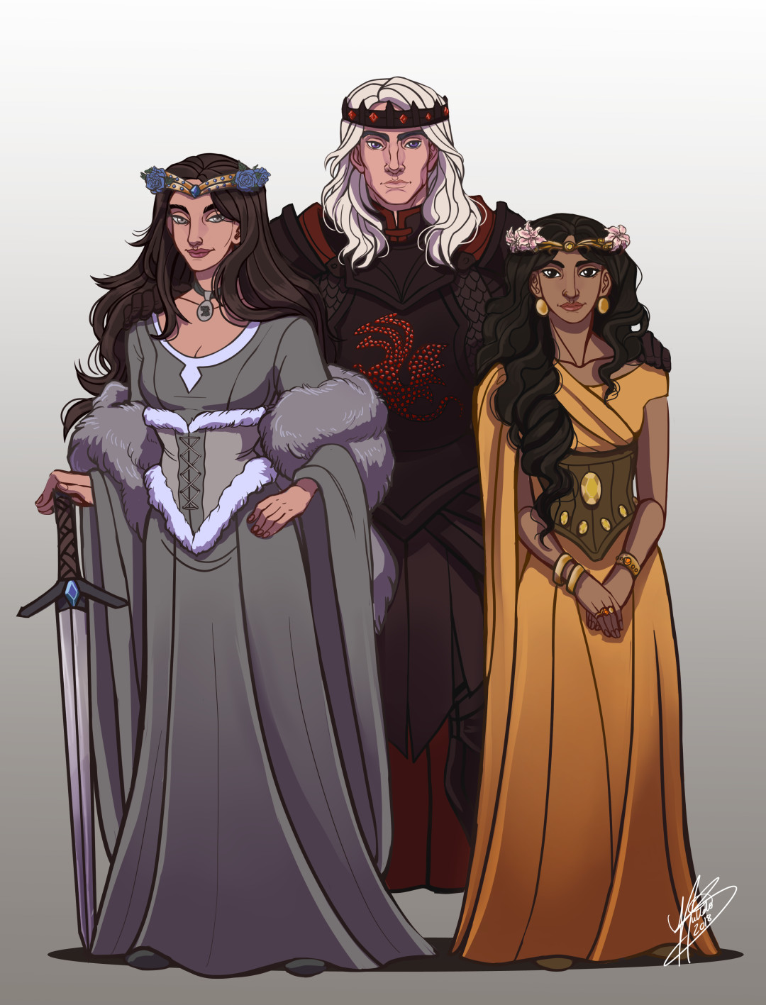 King Rhaegar Targaryen and his queens Lyanna Stark and Elia Martell