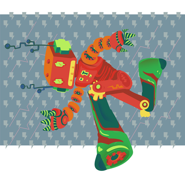 A red,orange and green funky robot with detachable magnetic arms and a little retro aparience

...imagine,someday we may have trouble finding the correct drivers software for our own robots...can´t wait.