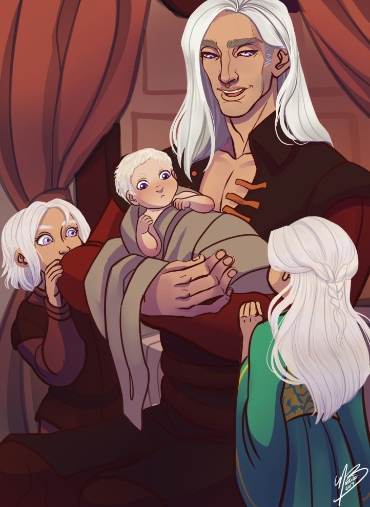 Daemon Targaryen, his newborn son Aegon III Targaryen, and his daughters Baela and Rhaena Targaryen