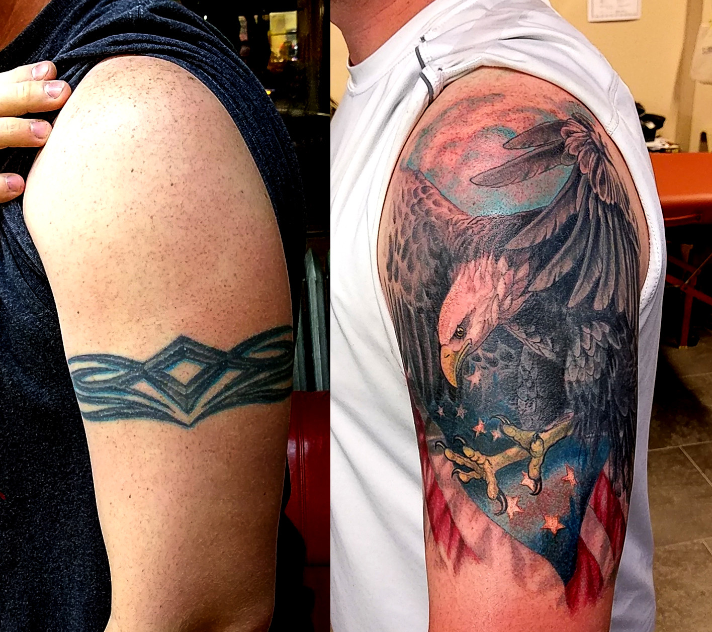 Traditional Eagle to cover up a surgery scar on my leg Done by Cody at  Cornerstone Tattoo Gallery in Senoia Ga  rtattoo