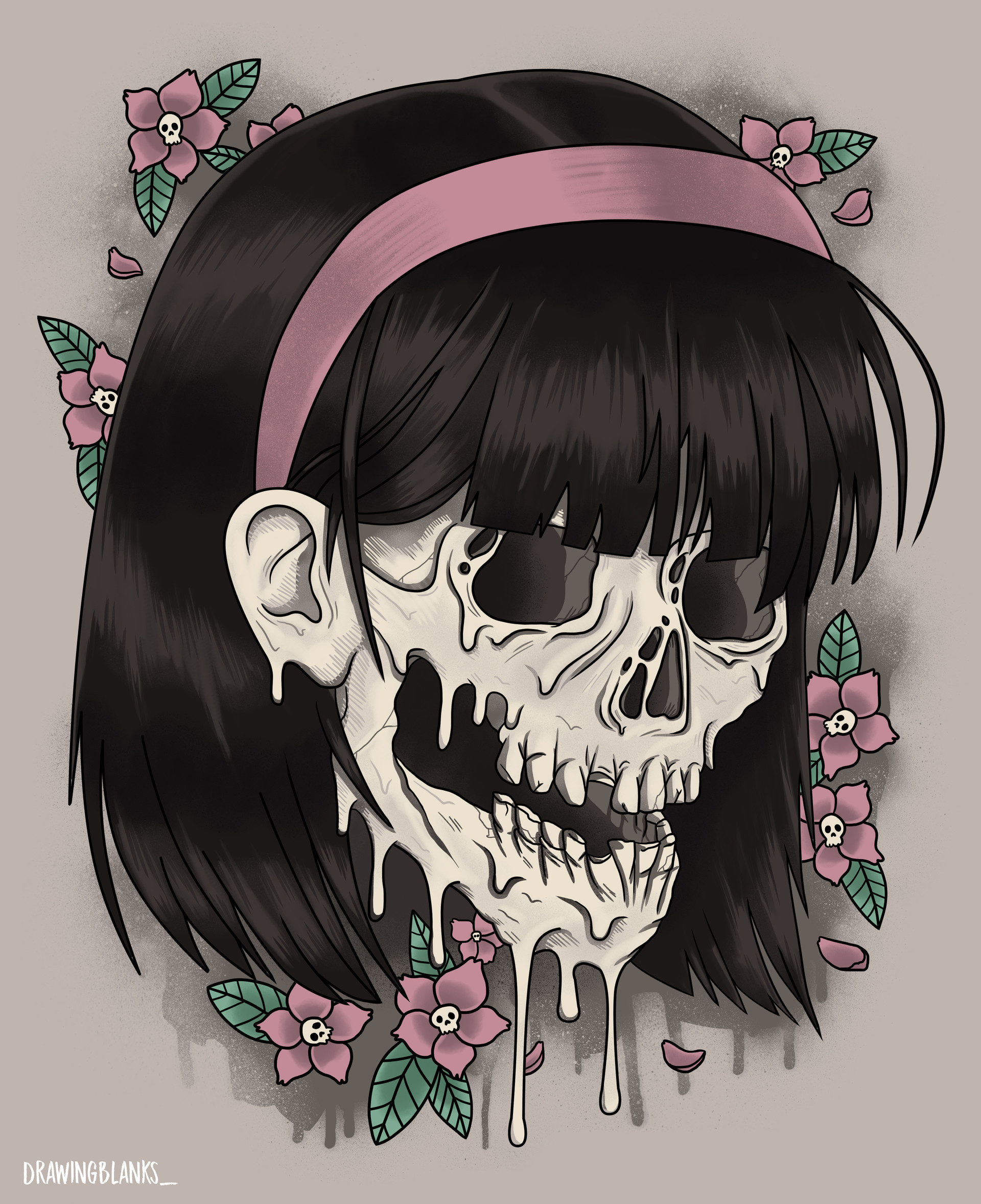 Artstation Melting Skull Level Up Design,Black Hair Digital Art Girl