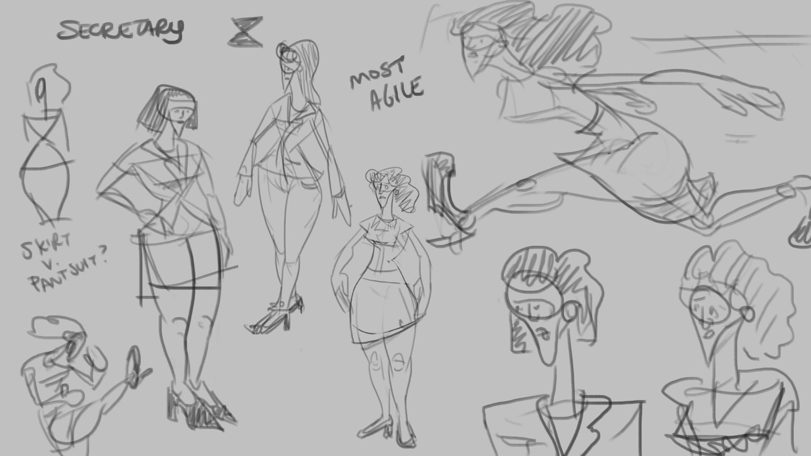 The Secretary character, jaded and overqualified for her position, maintained an hourglass shape with more powerful legs.