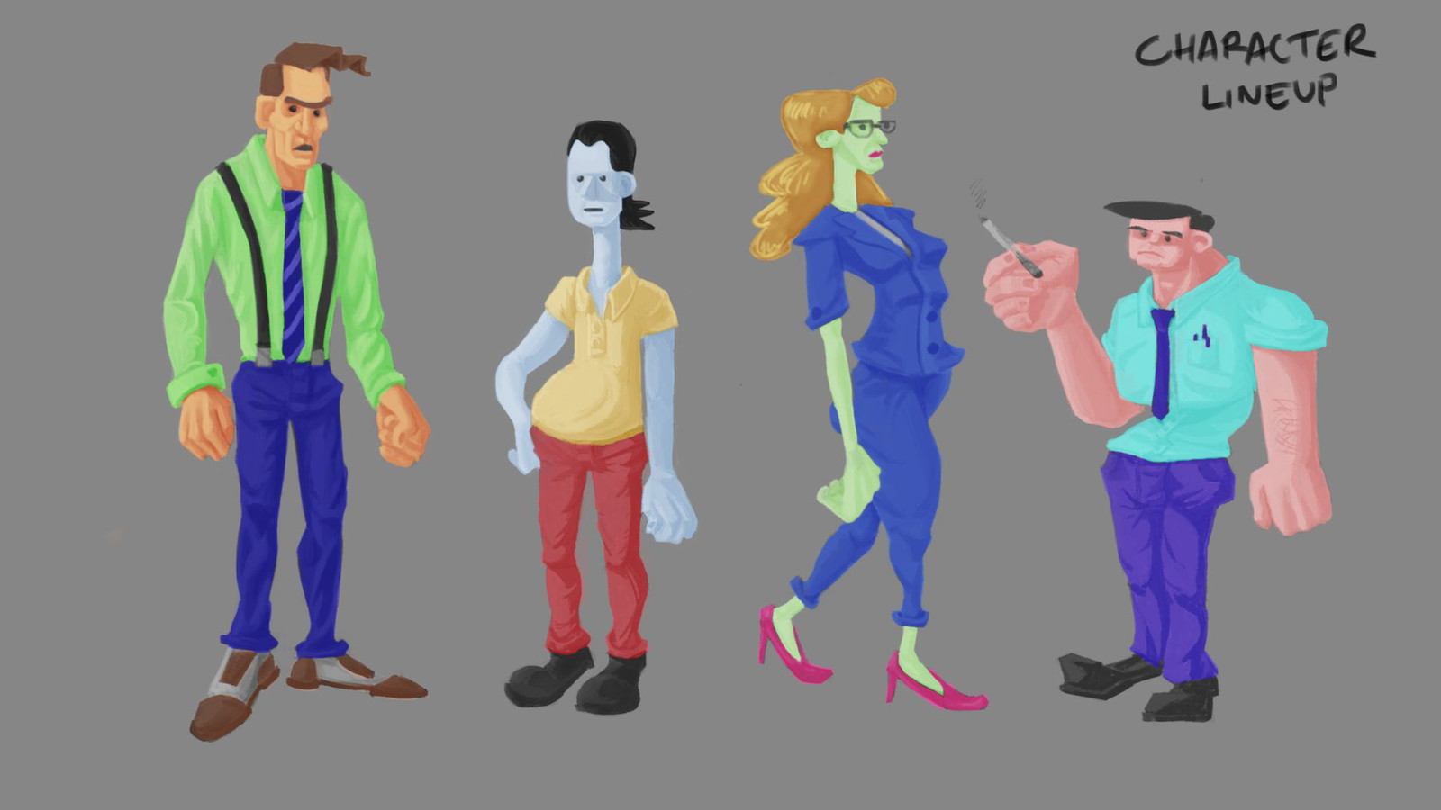 Coloring over the lineup for possible texturing ideas. Orange for a bad tan = vanity, blue to resemble something cold and robotic, green with envy or to be sick (and tired), red to suggest pent up frustration/energy.