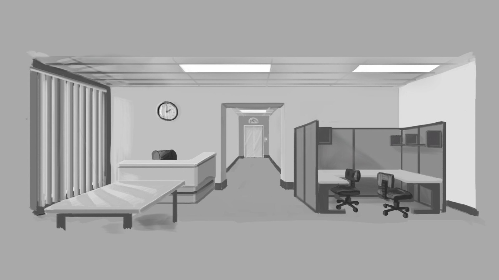 I also did a value illustration of the office environment after tossing around some ideas.