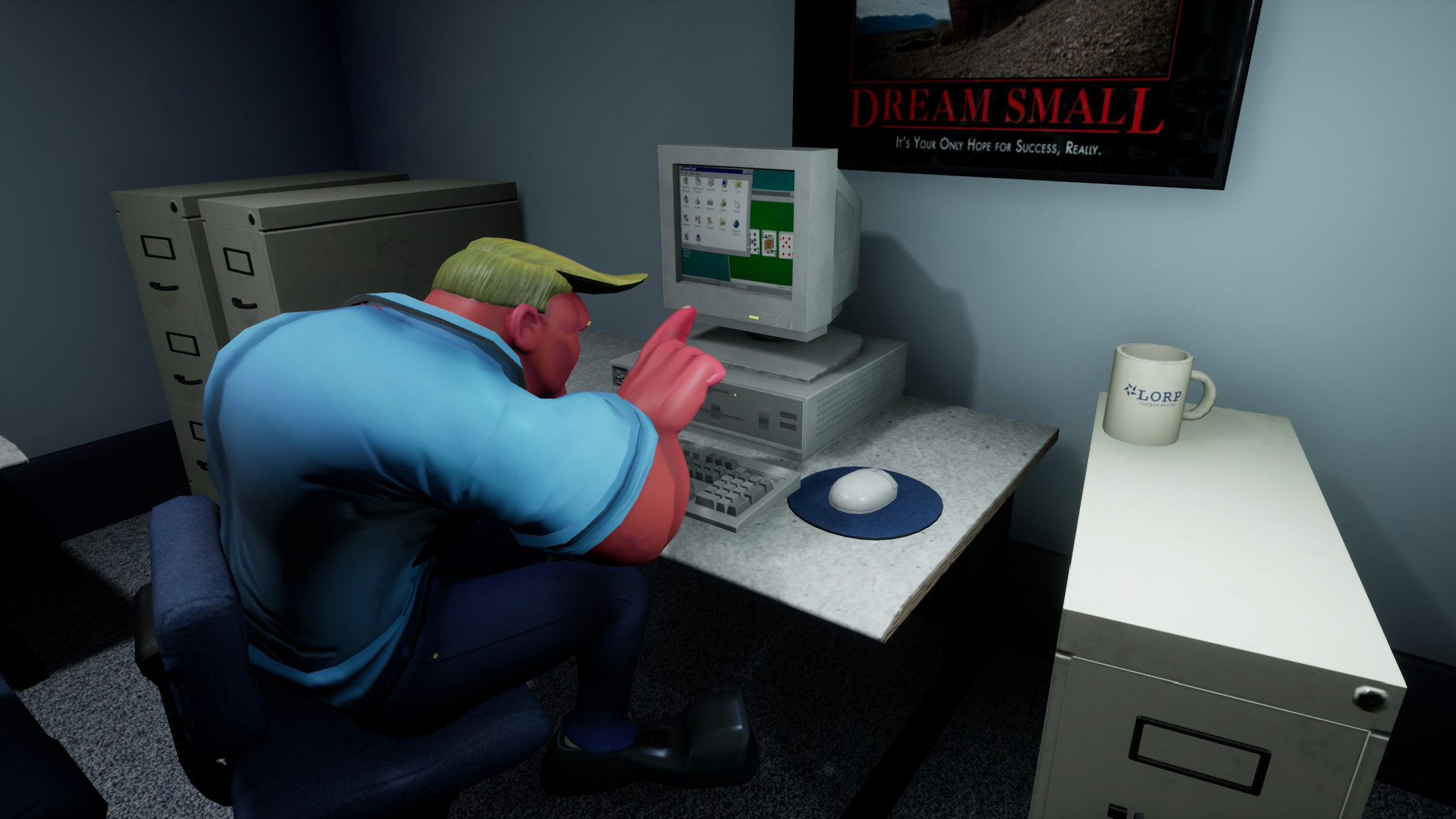The Sales character pecking out single characters carefully.