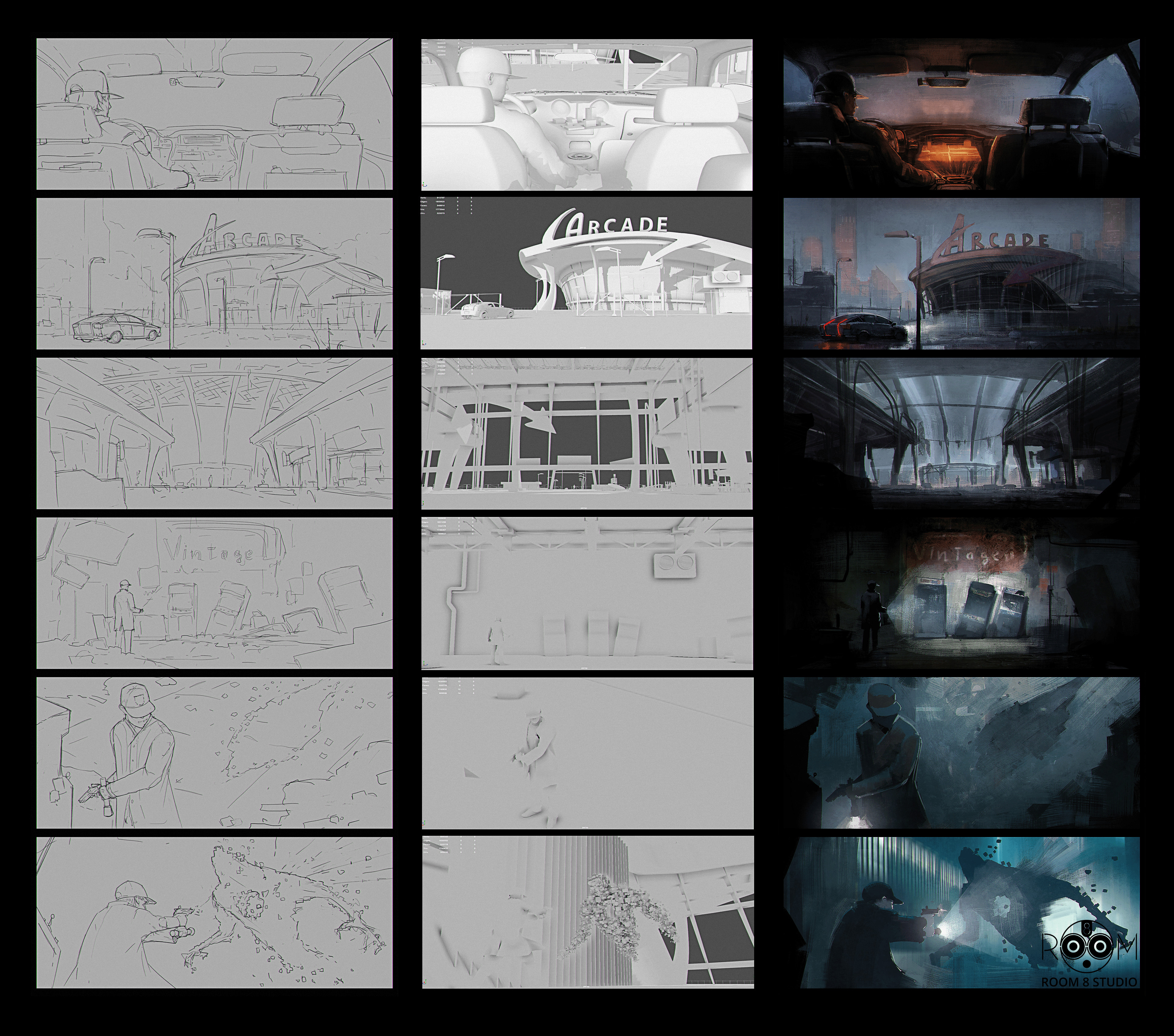 WIP: line sketches, 3d blockout, colored sketches
