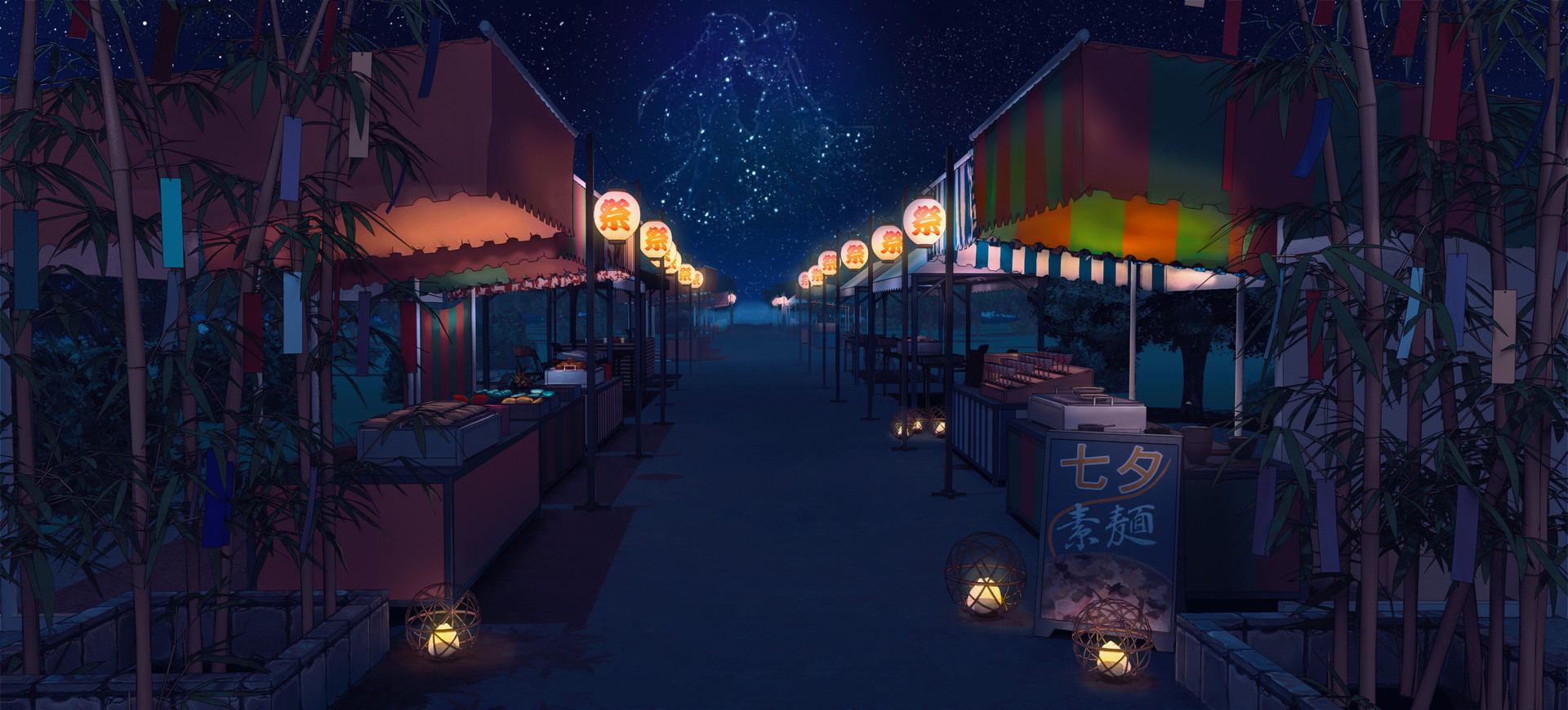 Free Vectors  Stalls fireworks and lanterns Summer festival background  illustration