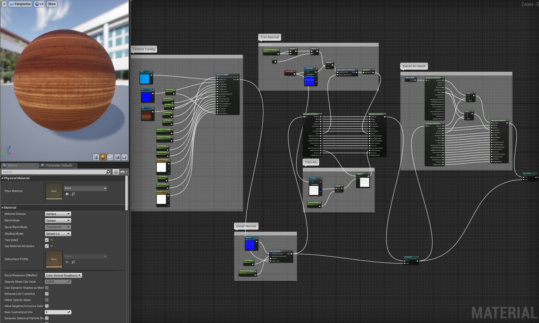 Base master material for most of my scene. I created some material functions that this is using to get the tuning and functions I wanted. I using 3 UV channels for most of the scene, 1 for the tiling textures, 2 for the trim maps, and 3 for lightmaps.