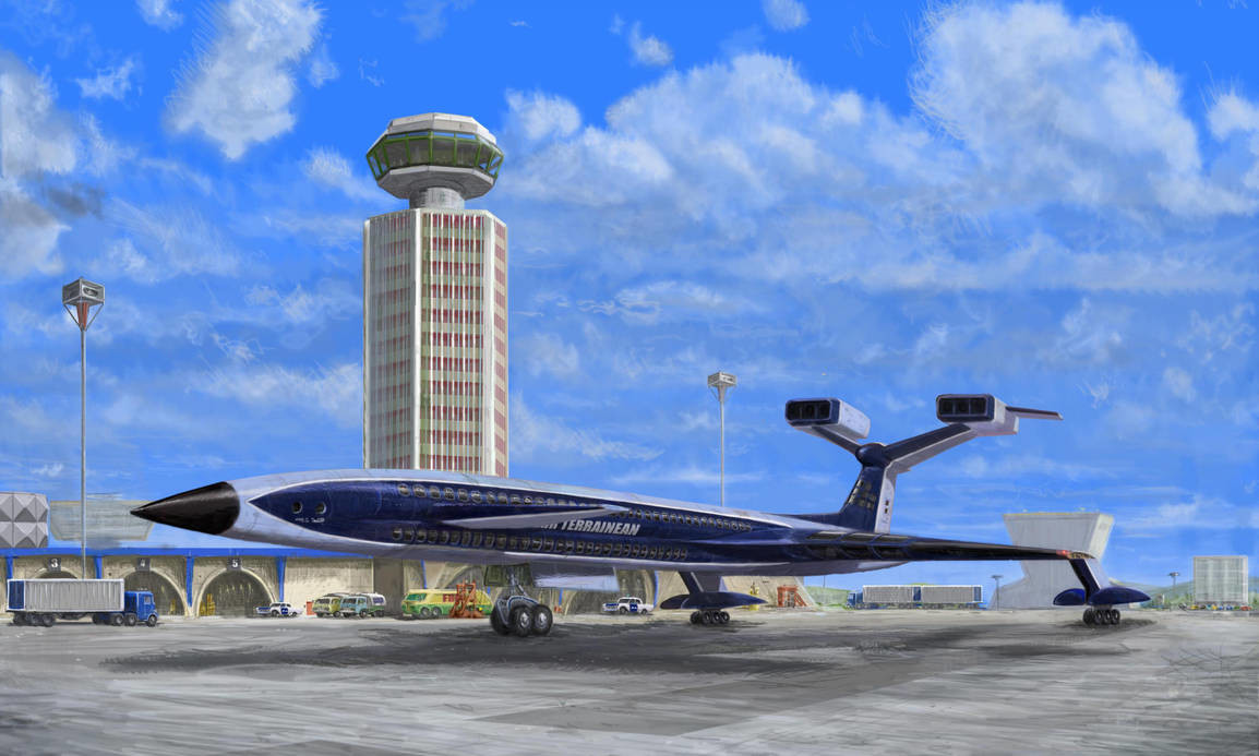 FIREFLASH
Te Fireflash airliner from 'Thunderbirds'. The aircraft is supersonic, atomic powered and capable of carrying 600 passengers - on either of the two decks in the fuselage, or in the exotic wing lounges.    
Designed by Derek Meddings.