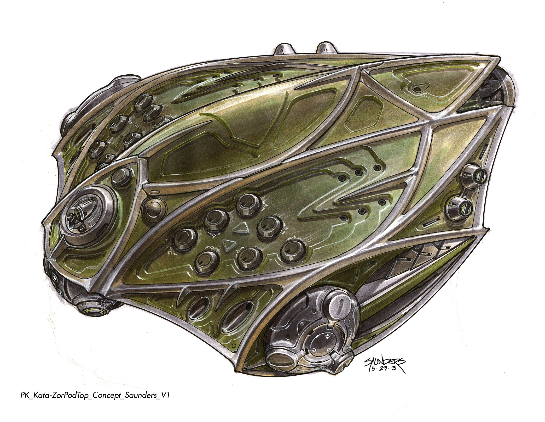 Final design of the Kata-Zor Pod. In contrast to Kal-El's more tear-drop shaped pod, these needed to look wicked and deadly. Fellow designer Geoff Darrow had established an almost  medieval look to Kryptonian architecture, so I took some cues from that.
