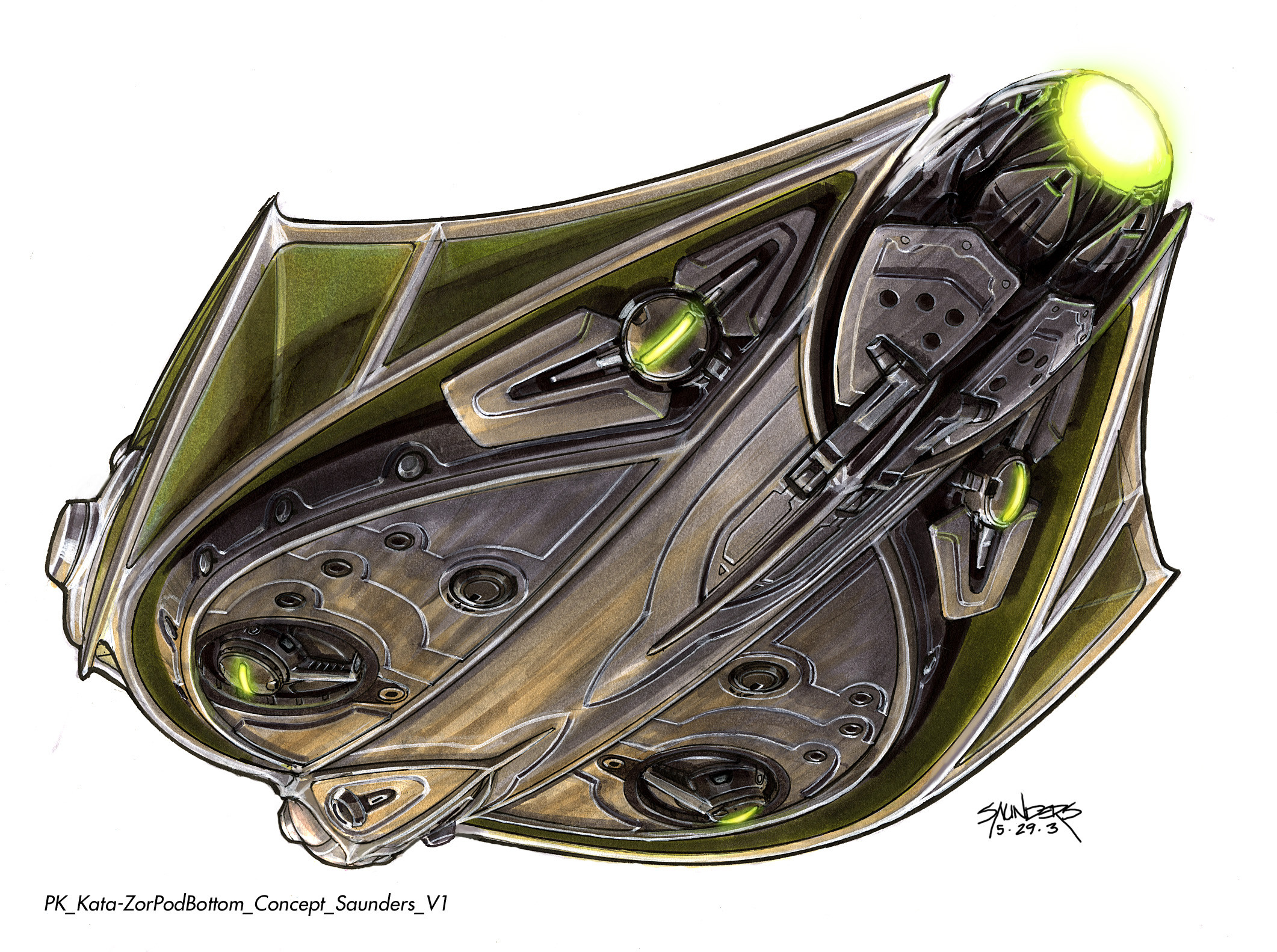 First version of the underside. I liked the idea of a turtle-shell like construction, with vectoring emitters below for landing.