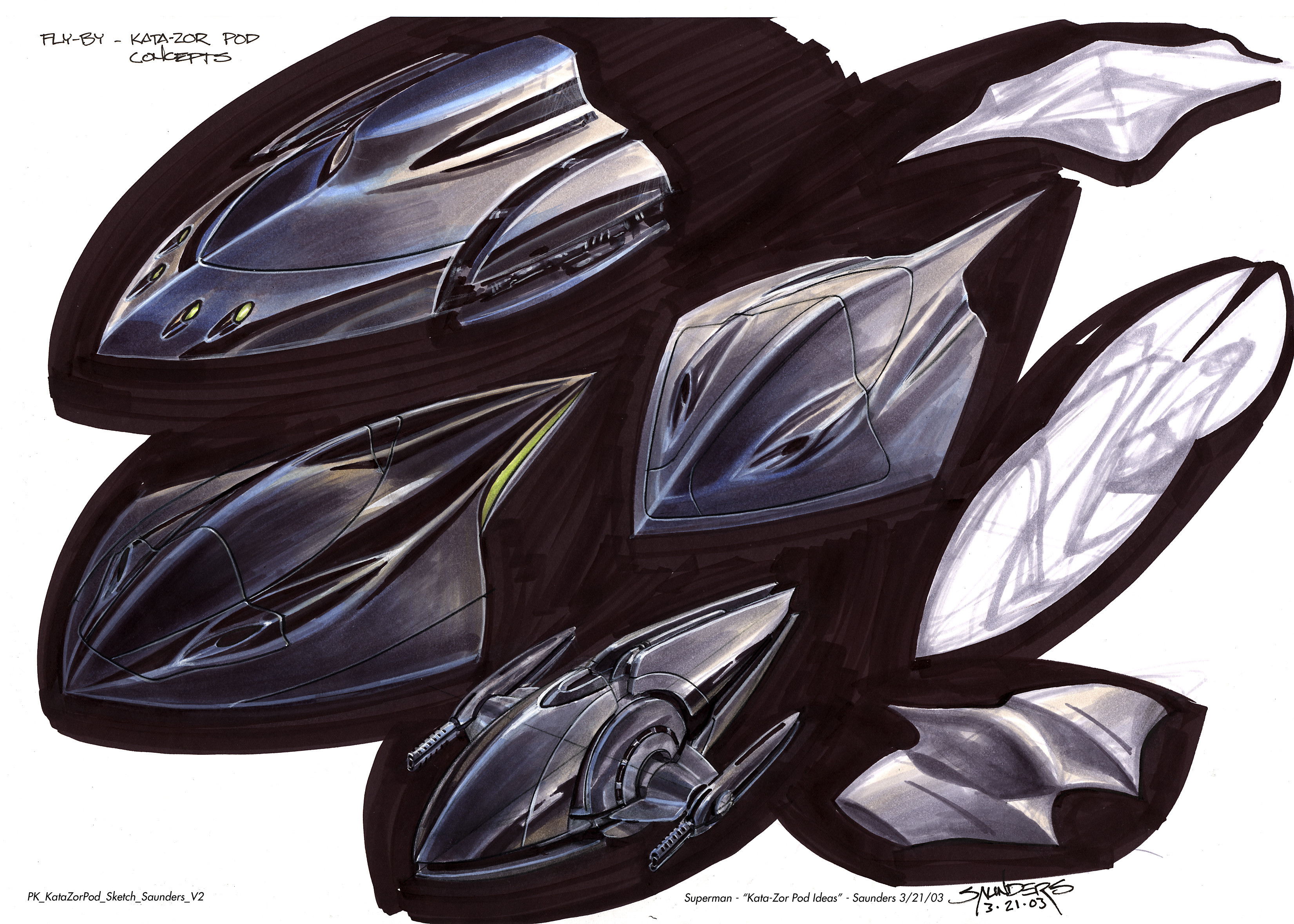 More initial concepts. These were still considered too similar to Superman's pod, so a new aesthetic direction was needed. 