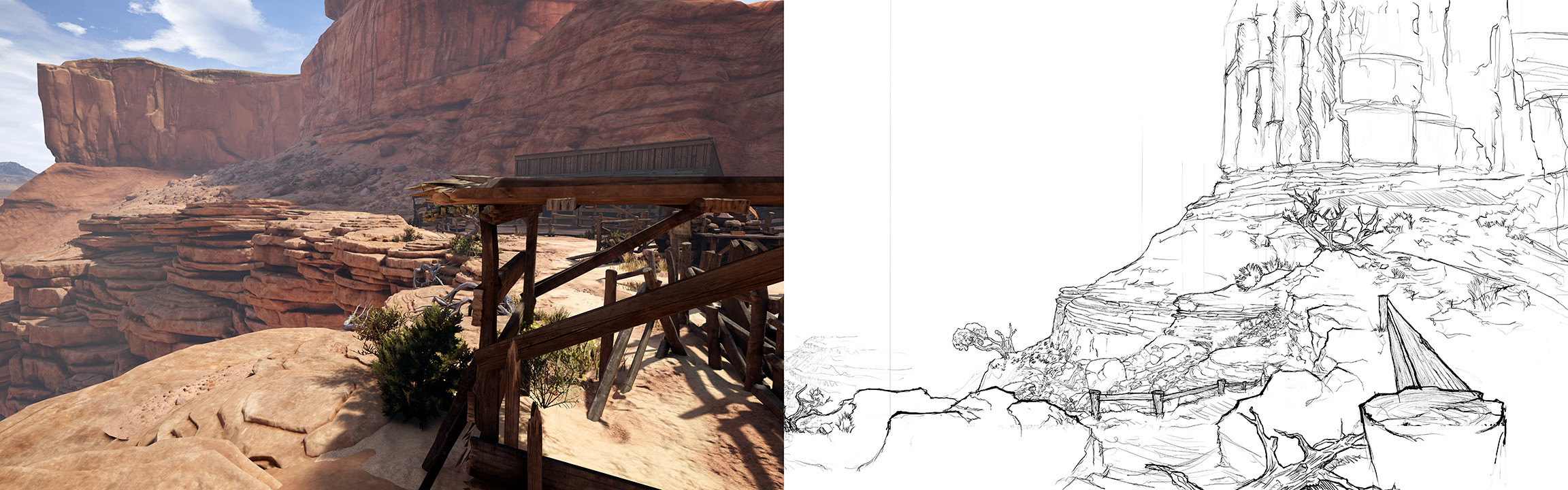 The Bluff | On the right is the concept I made for the cliff. On the left is the finished in game scene, by Tanner Ellison and Patrick Loughman