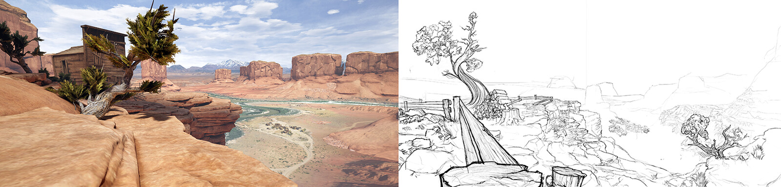 The Bluff | On the right is the concept I made for the cliff. On the left is the finished in game scene, by Tanner Ellison and Patrick Loughman
