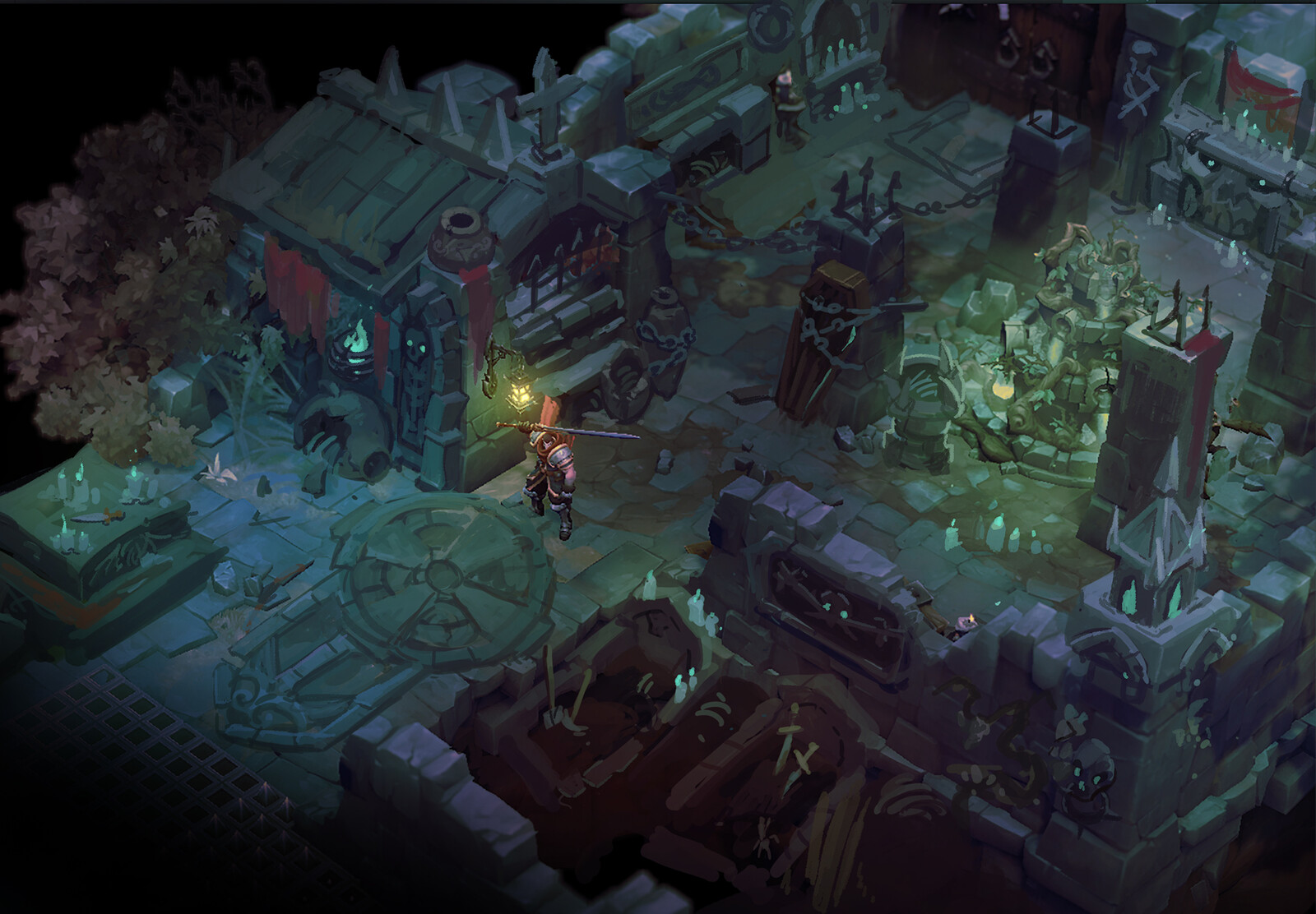 prop ideation for the stronghold area.  It's a paintover of a rough in-game blockout, the amazing fountain is designed and made by Jesse Carpenter.