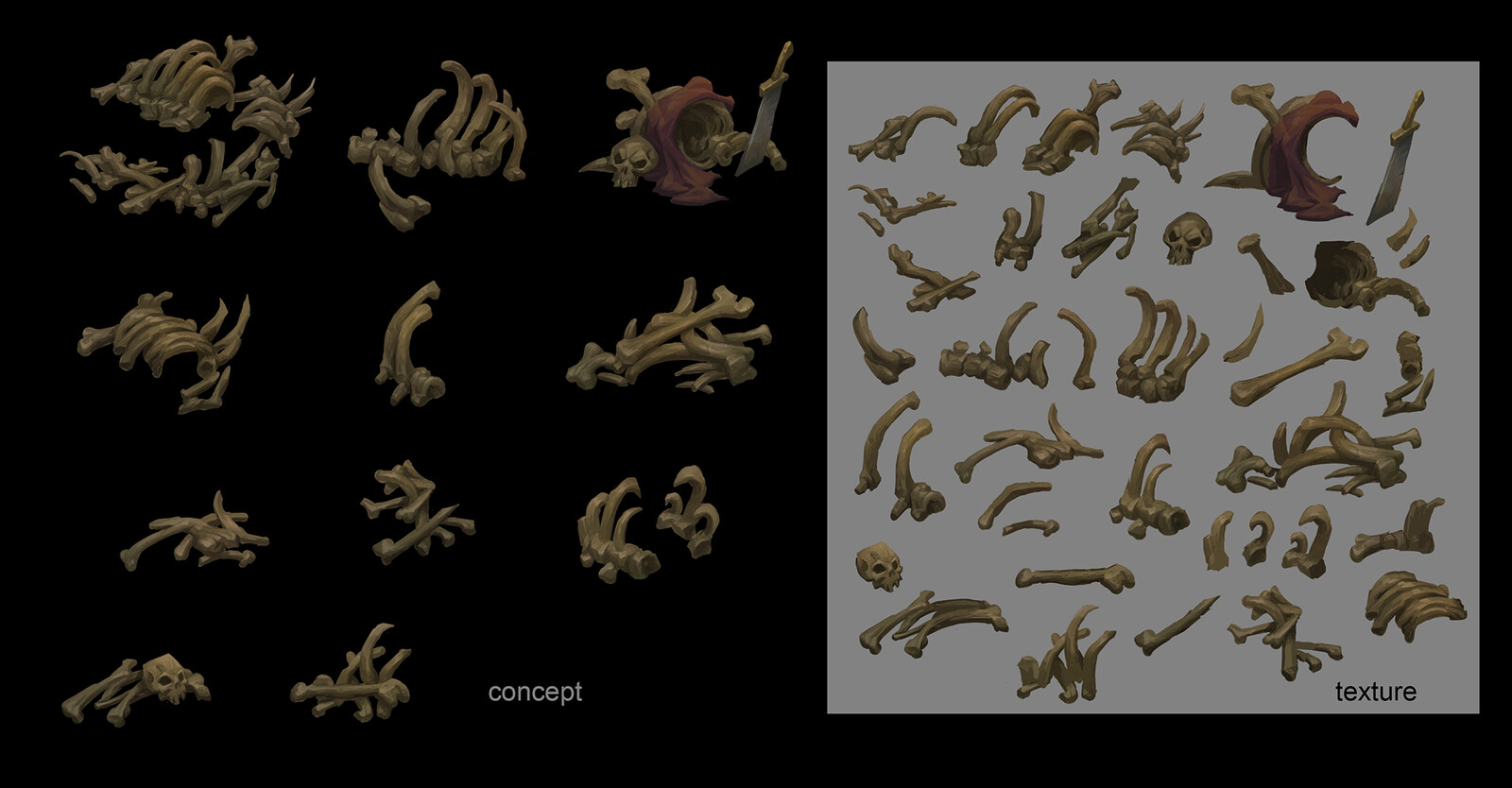 2.5 D bone kit concept vs texture.  I made this as a mini tutorial for the team, and have no idea where the actual tutorial is now :P