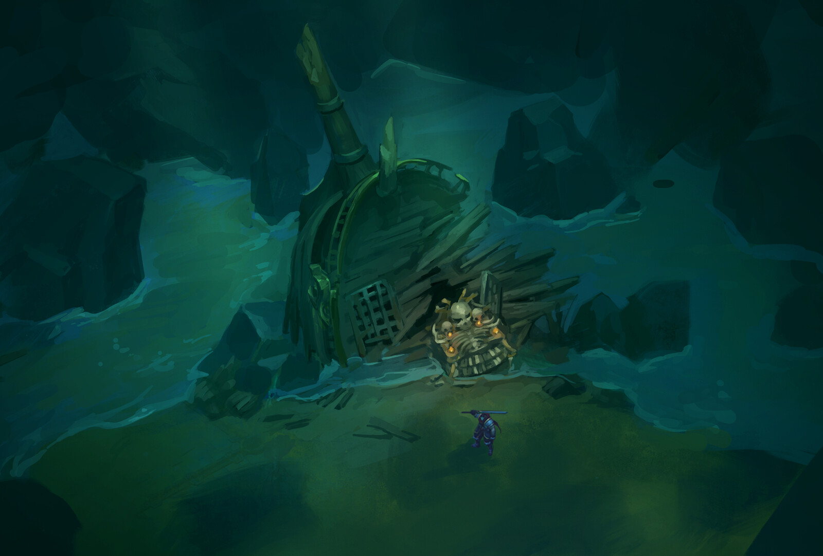 Sunken ship mini dungeon concept.  I love the vibes of the piano puzzle in game.