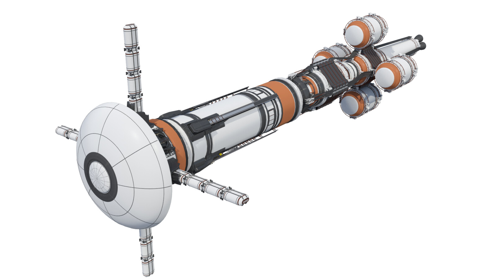 The final design, with light armor and 4 massive propellant tanks to supply a small fleet for months