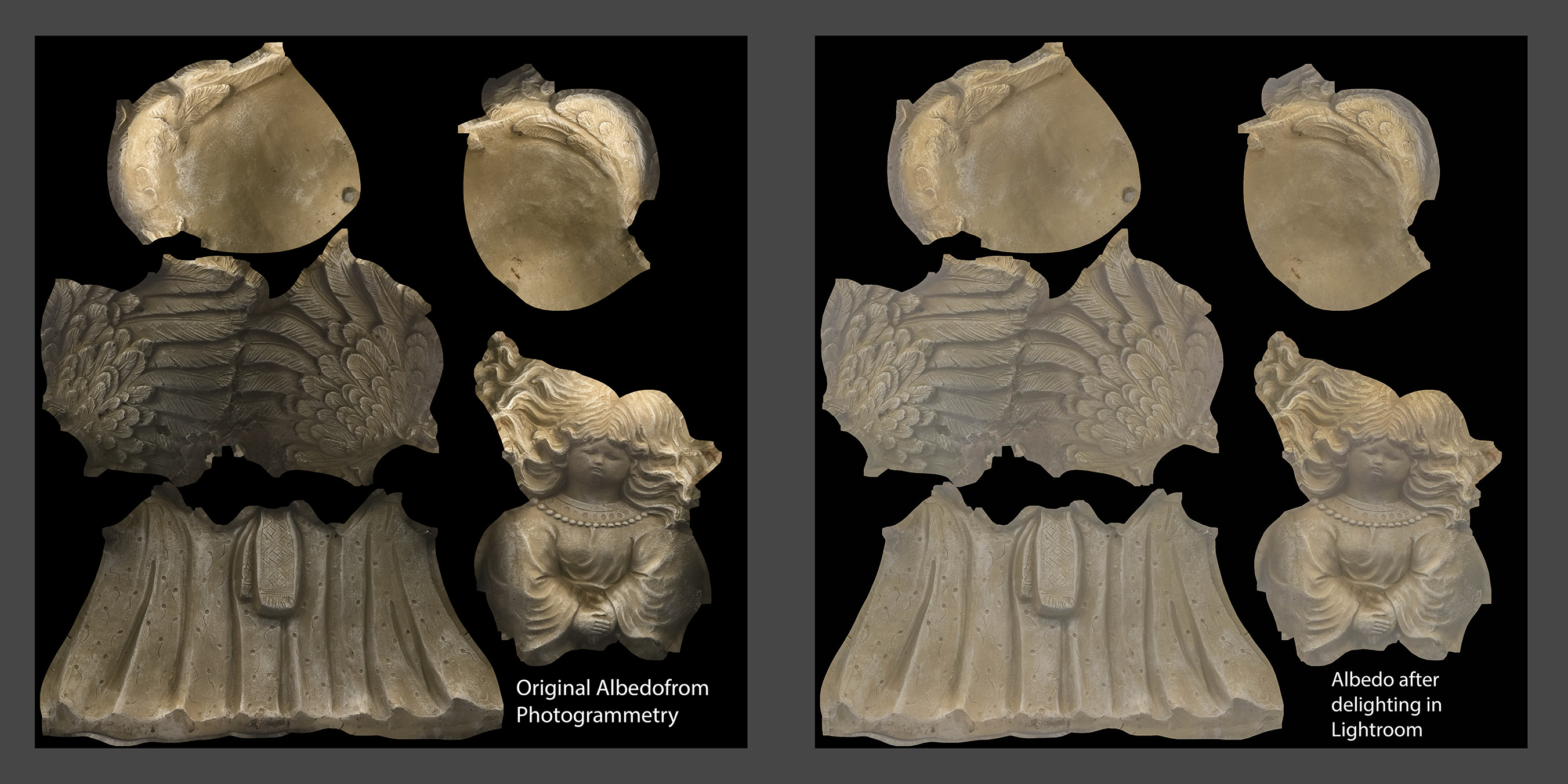 Angel Statue Albedo maps | The left map is the original Albedo extracted from the Photogrammetry shoot. The  right map is the delit albedo map that I did in Lightroom. You can see it applied in the 2 image from the top, (above).
