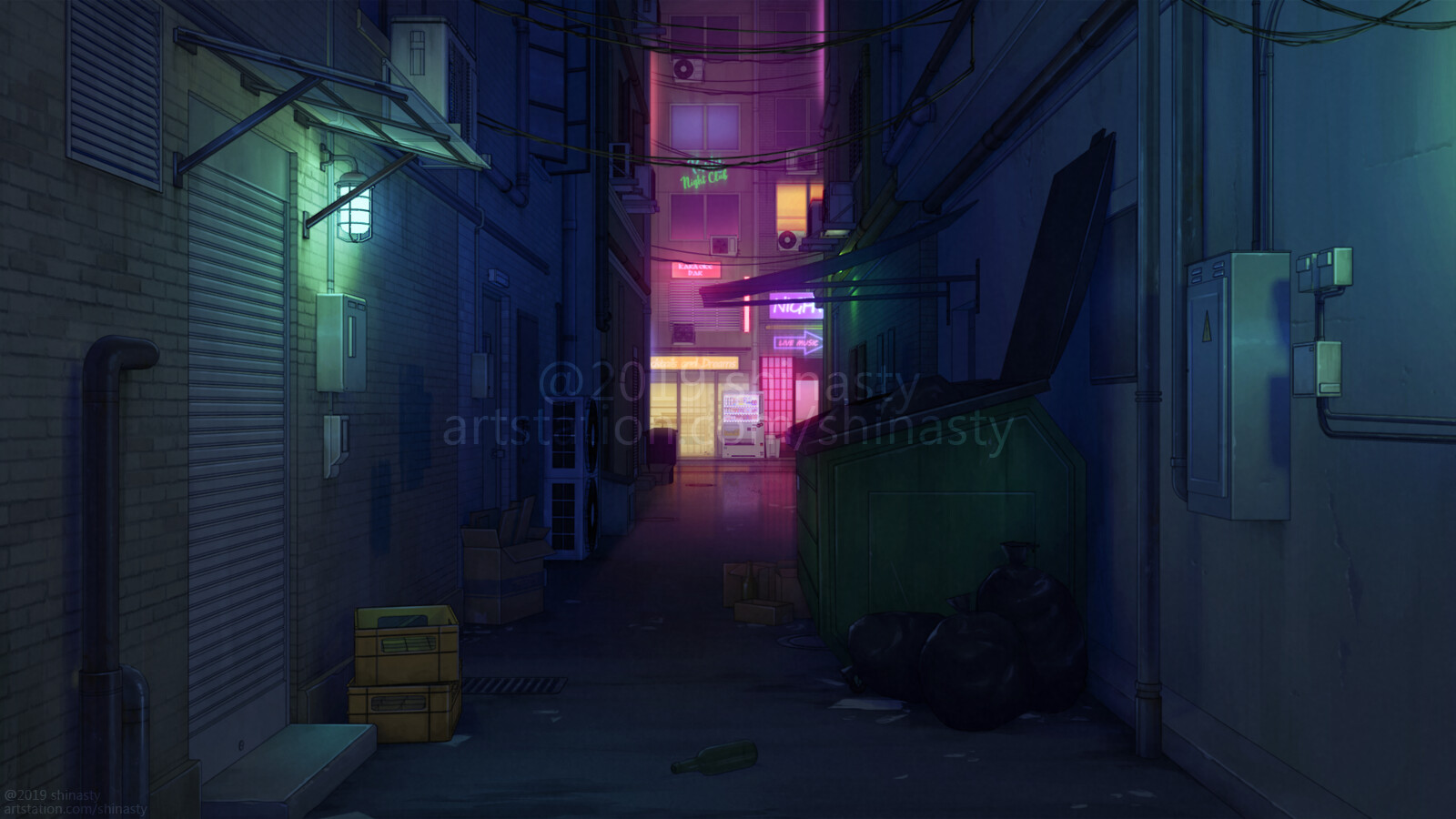 Anime style narrow alleyway with neon sign on Craiyon