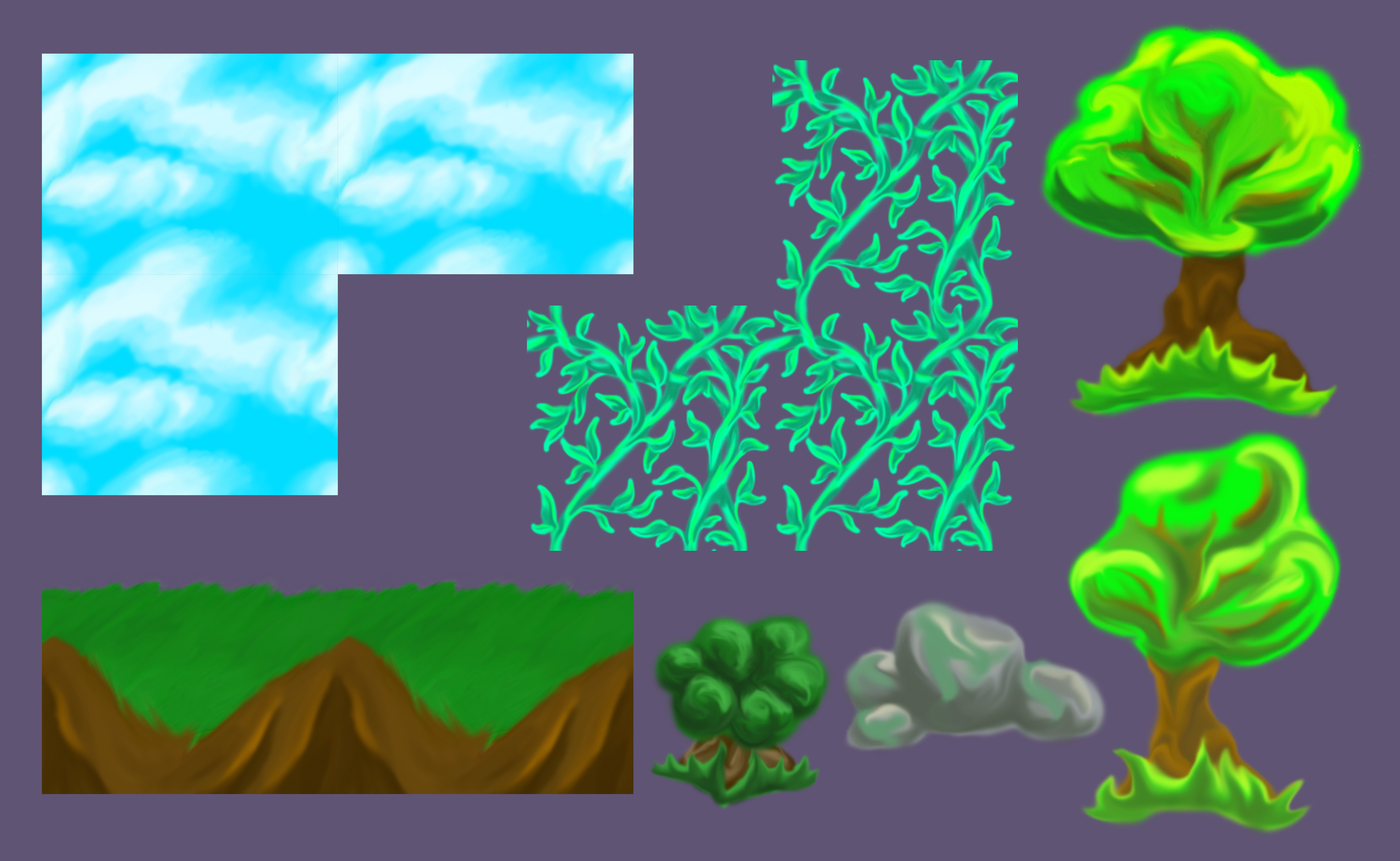 Background Assets for the Forest areas of the game. The Ground, Sky and Vines all tile (as shown), while other assets are made to be placed to populate areas as needed.