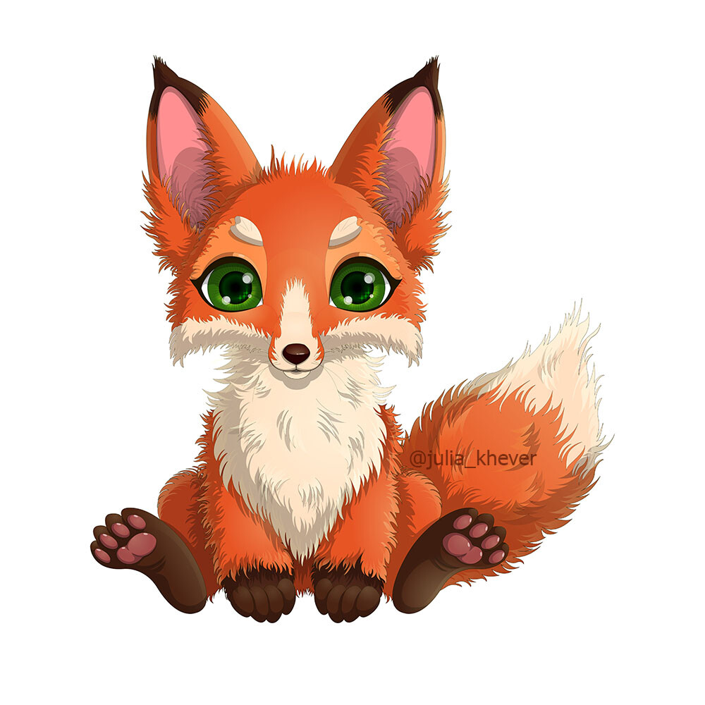 ArtStation - Illustration of sitting cute baby fox cartoon with fluffy tail