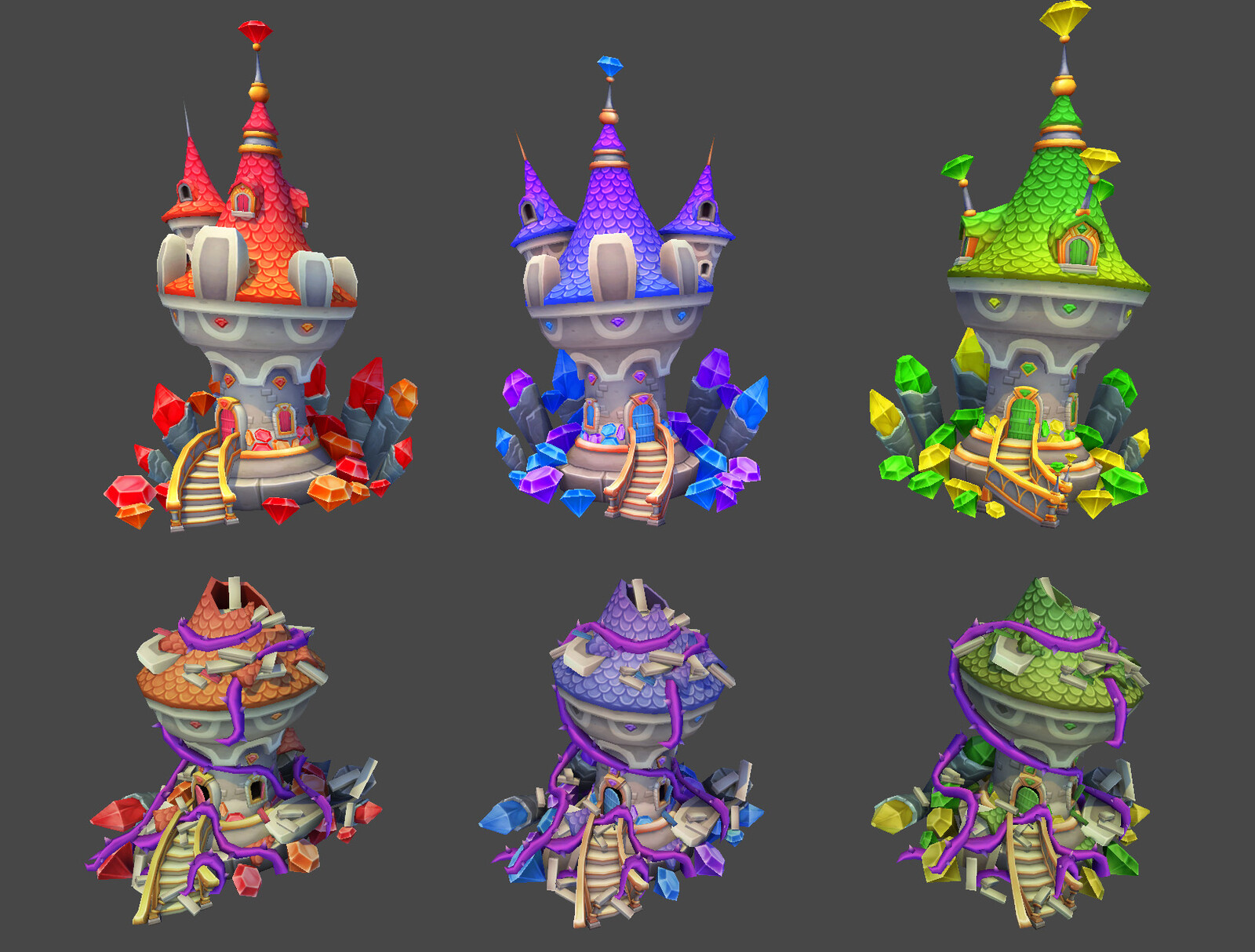 All the fixed and wrecked castles from Zone 3. I created the red/orange castle first in a modular fashion in order to make building the remaining 2 castles much faster. 