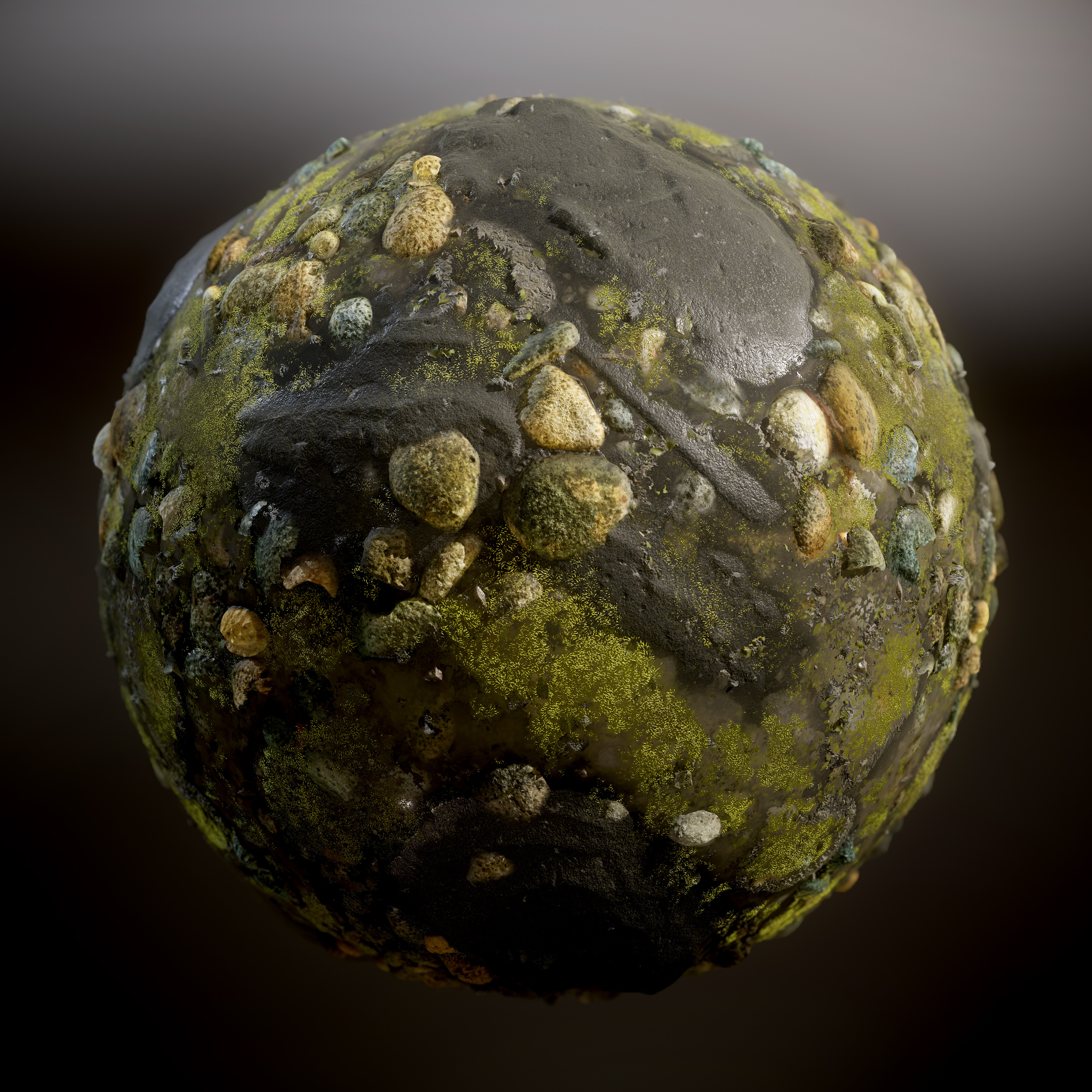 A blended Material that uses Photogrammetric Scans as a base material that is then blended with other Substance Materials.